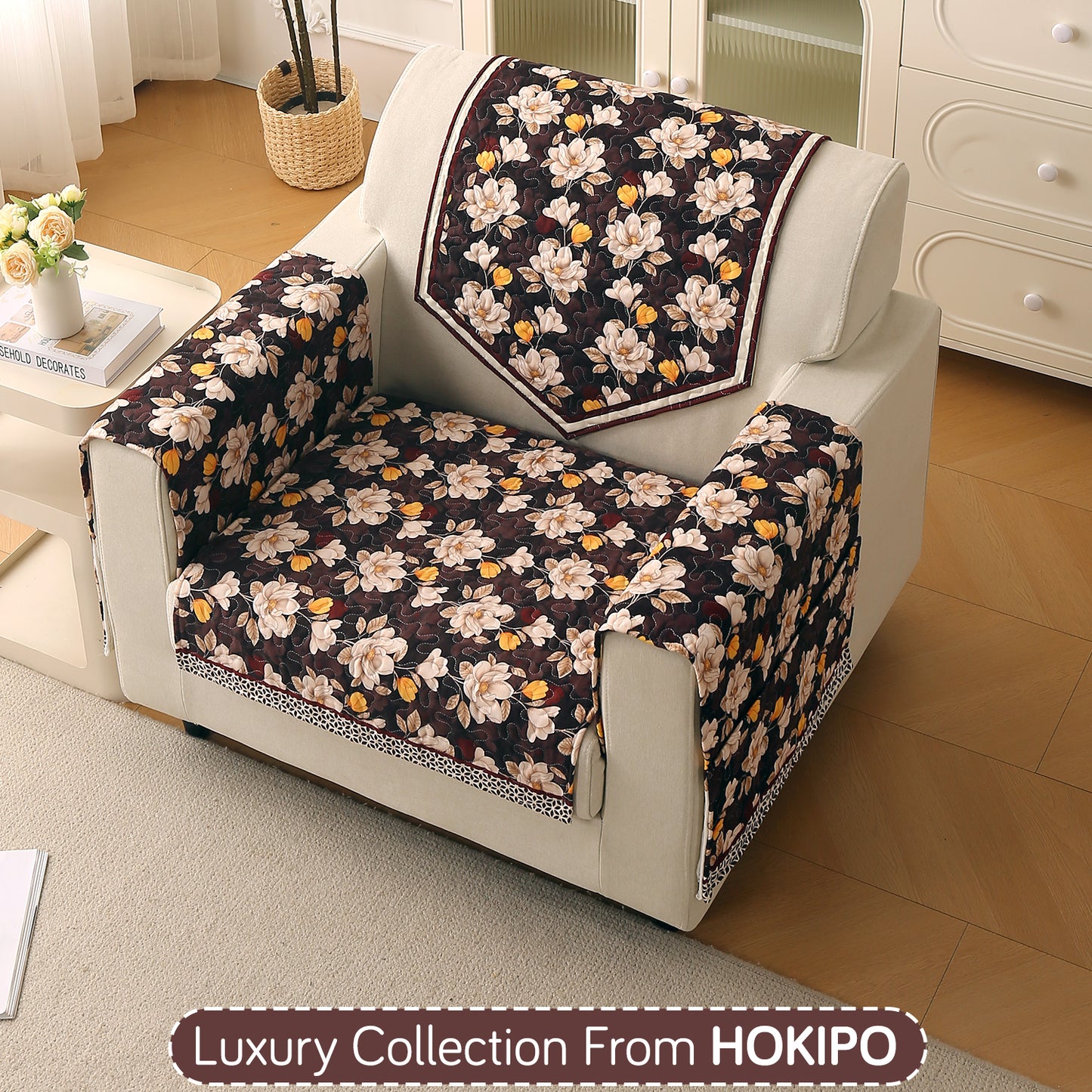 Florentina Series Printed Holland Velvet Sofa Mat - Camellia Brown