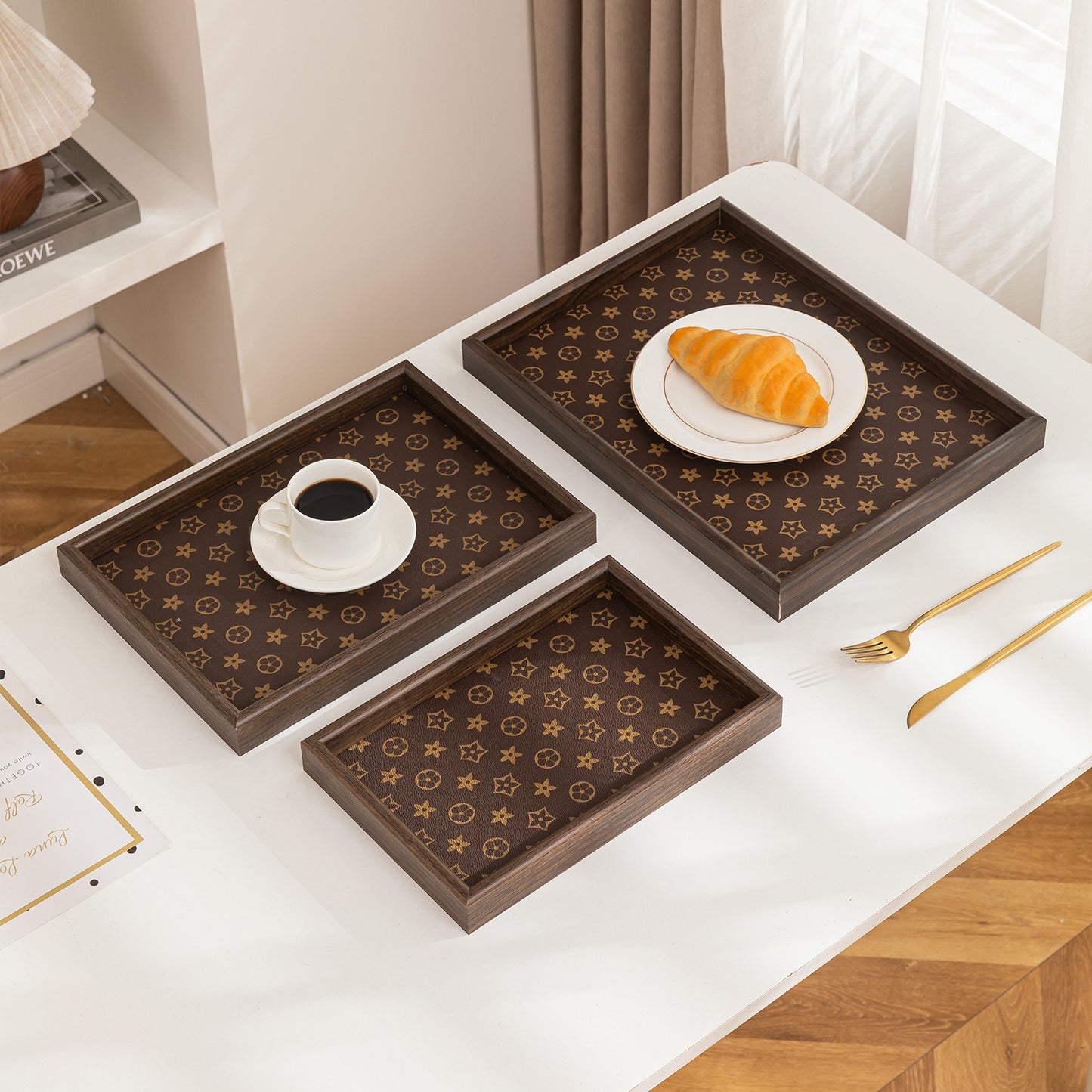 Wooden Serving Tray MDF Rectangular Eco-Friendly Trays Set of 3, Elegant Brown Finish