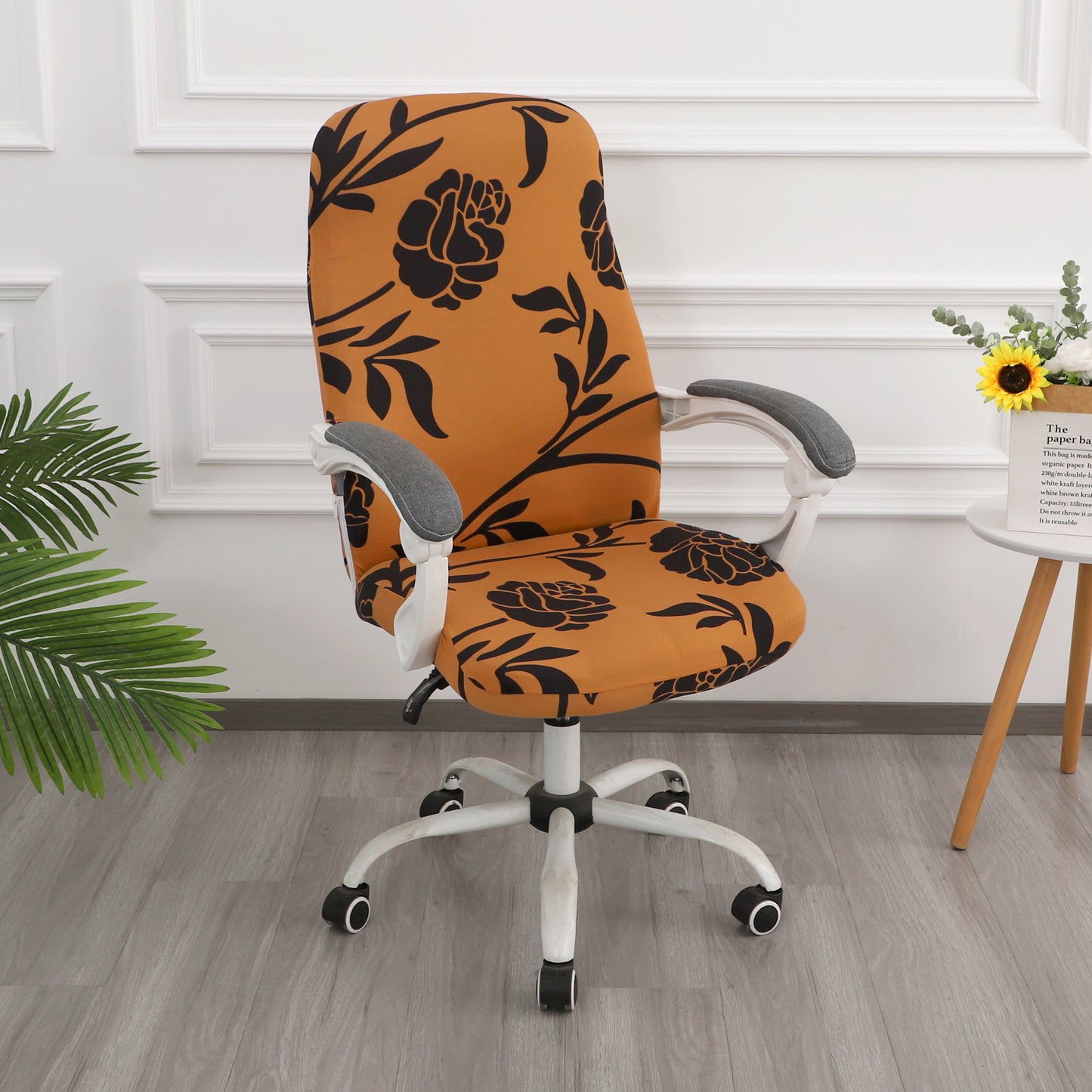 Printed Office Chair Cover for Desk Chair (Mid-Back) – 140 GSM Stretch Fabric – Durable & Anti-Slip – Fits Mid-Back Office Chairs, Copper Brown Floral - Medium
