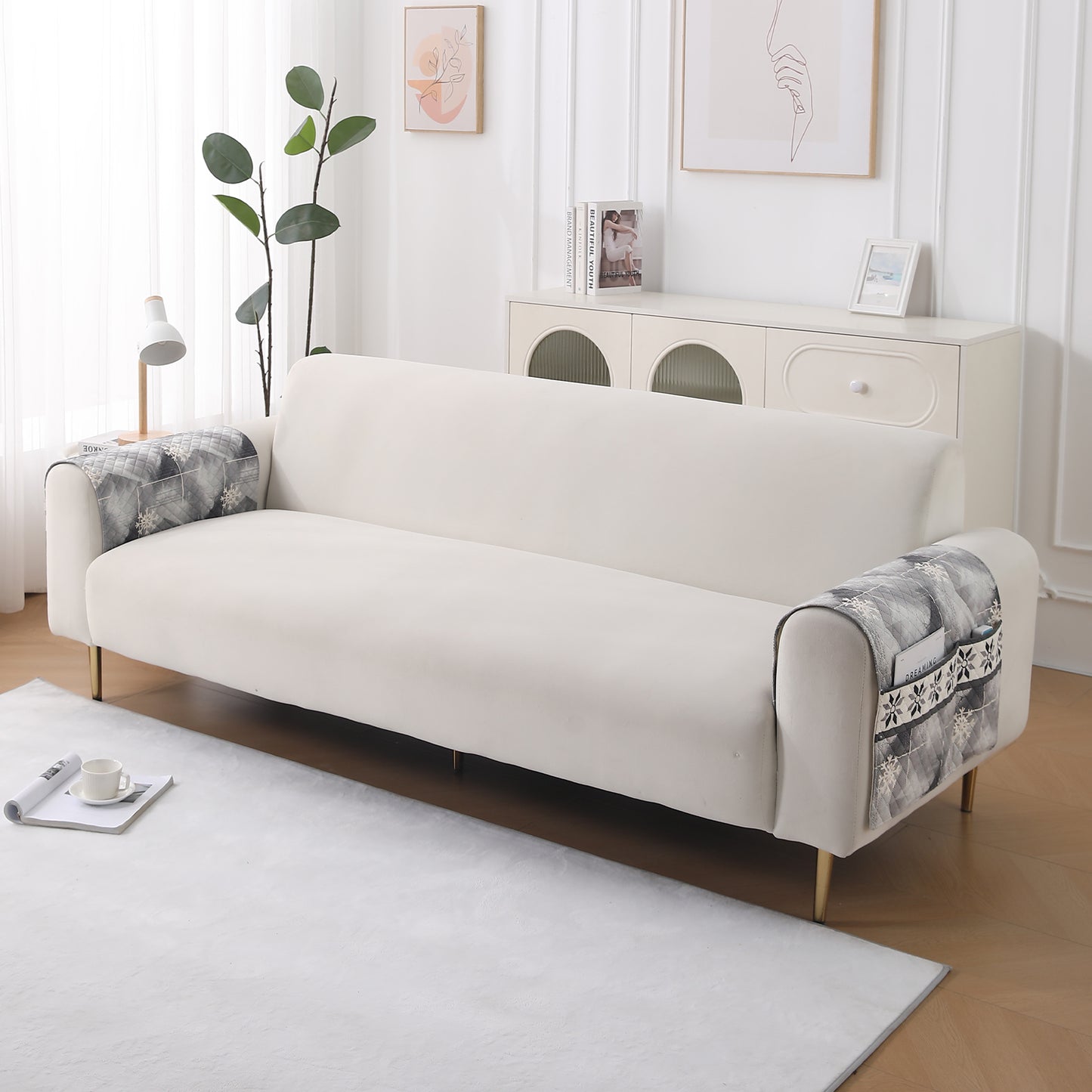 LiefNest Holland Velvet Sofa Cover Mat with Foam Filling - Snowflakes Gradient Grey