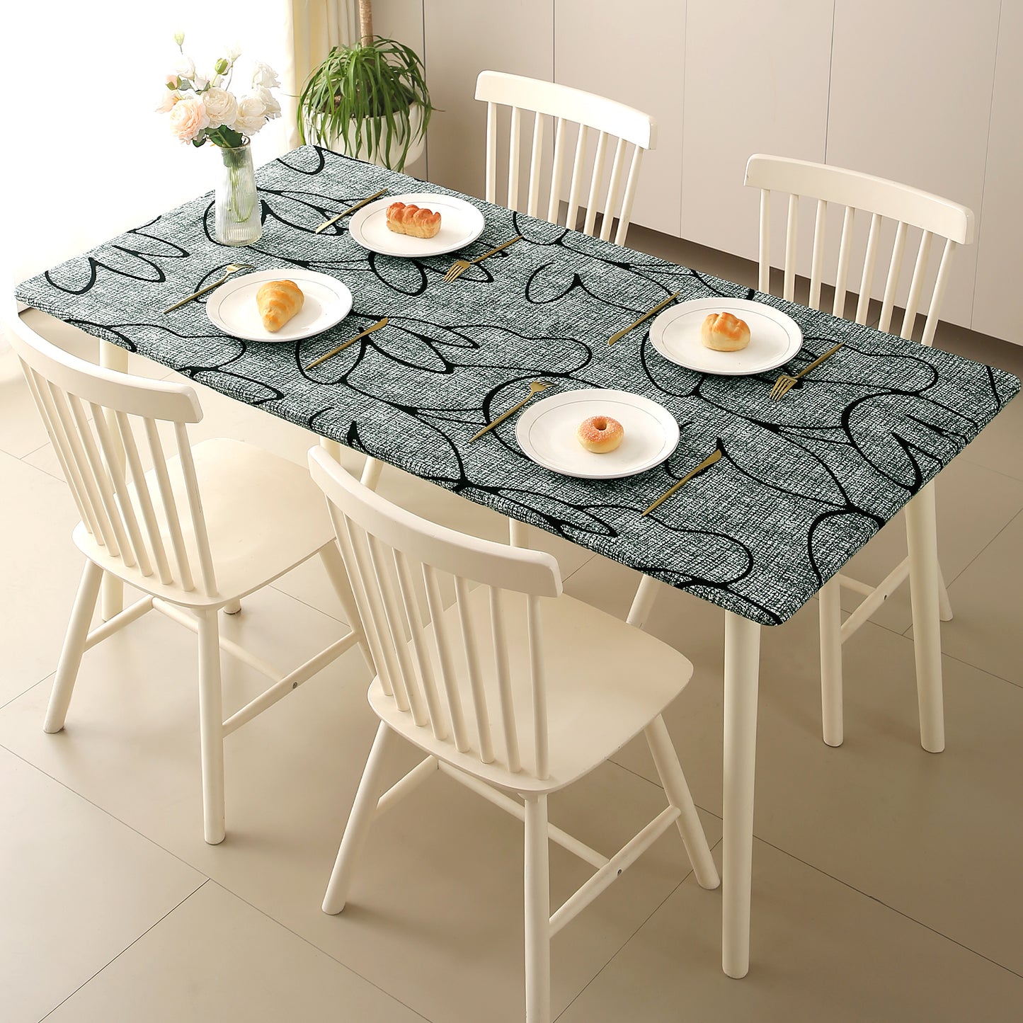 Printed Stretch Fit Water-Repellent & Anti-Slip Table Cloth Cover for 4 Seater / 6 Seater, Intense Grey Abstract Floral