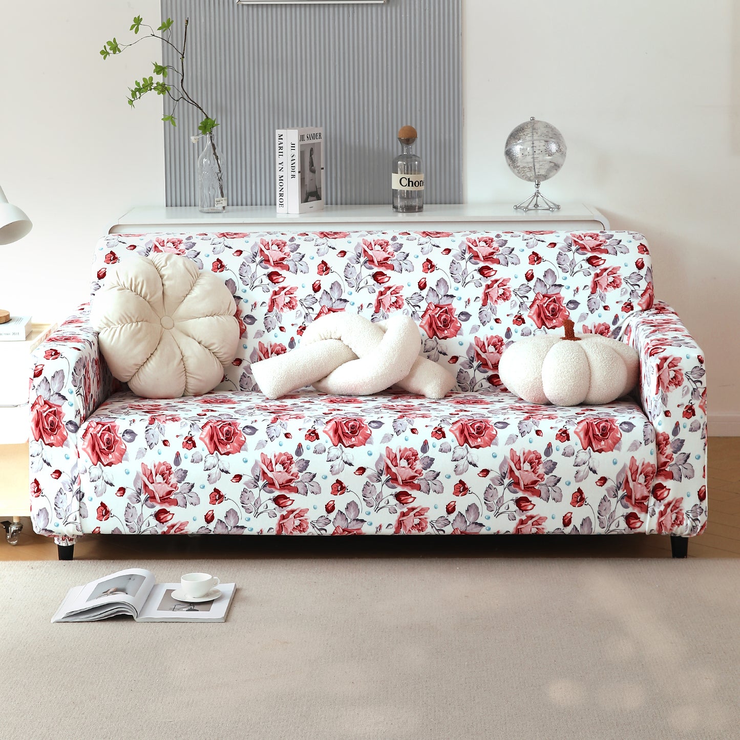 Premium Printed Velvet Sofa Cover 1/2/3 Seaters Fully Covered, Red Cottage Rose