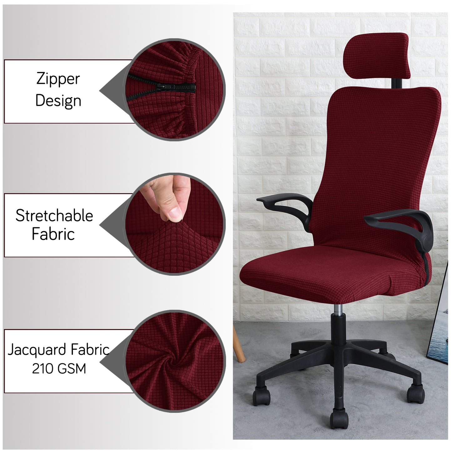 Water Repellent Office Chair Cover with Headrest (High-Back) – 210 GSM Stretch Jacquard – Washable, Anti-Slip Fit for Ergonomic Mesh Office Chairs, Burgundy