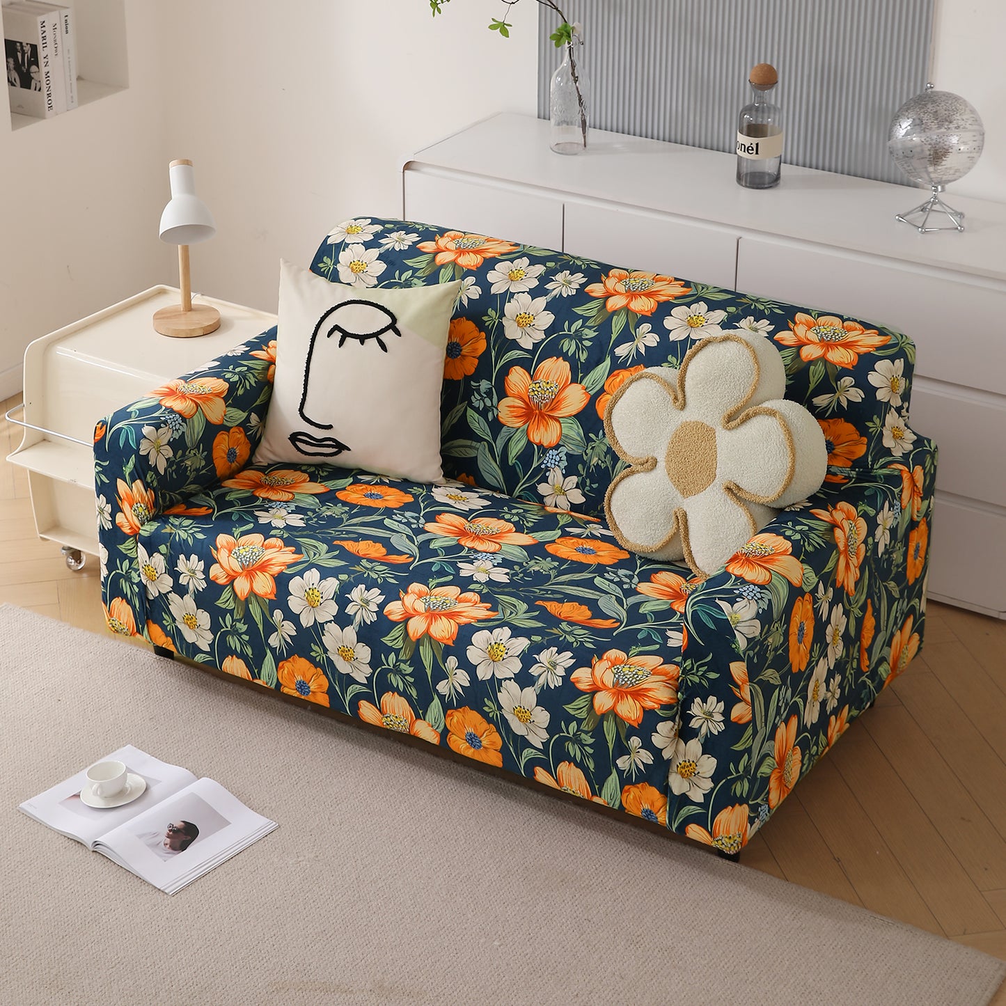 Premium Printed Velvet Sofa Cover 1/2/3 Seaters Fully Covered, Teal Twilight Garden