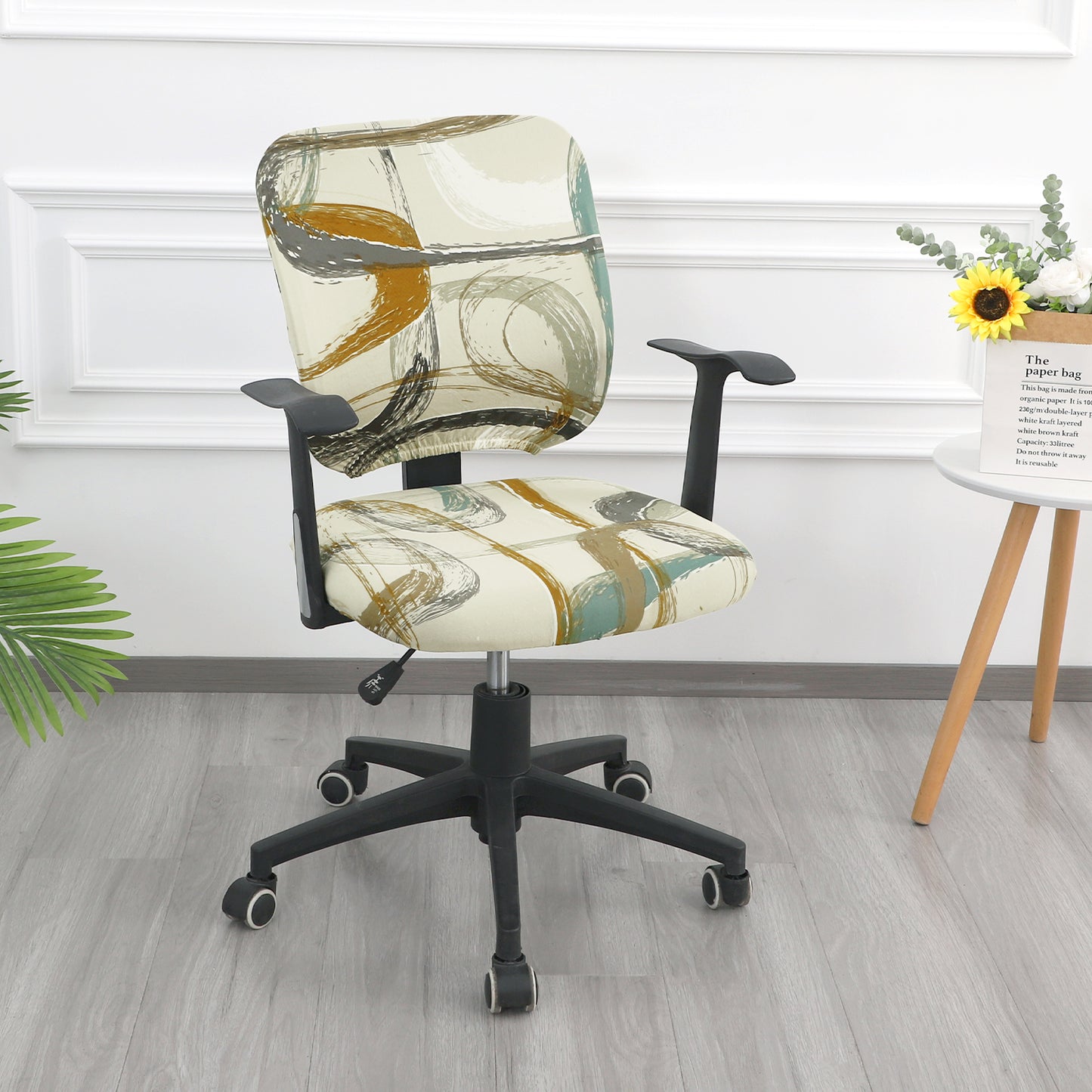 Printed Office Chair Cover for Task Chair – 140 GSM Stretchable Fabric – Washable & Anti-Slip – Fits Small Office Chairs Without Headrest, Parchement Beige Abstract Art
