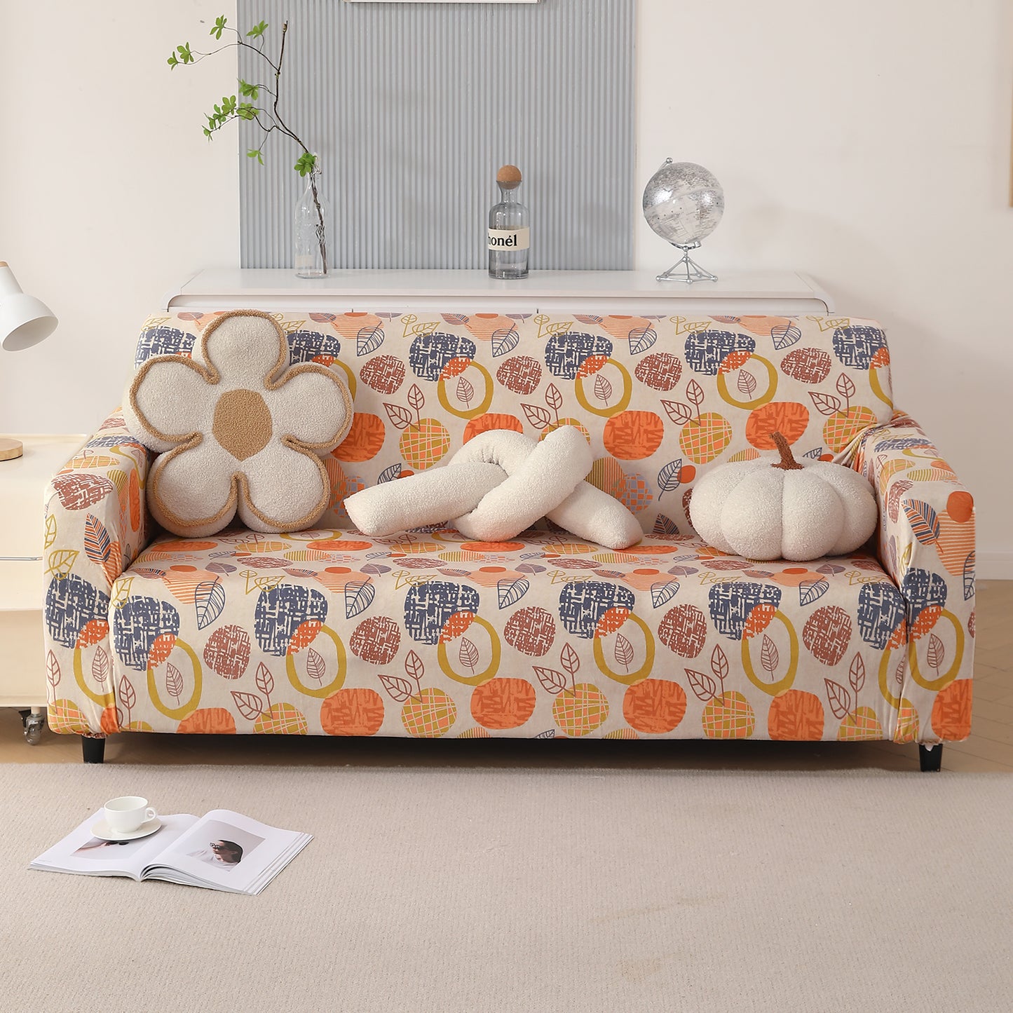Premium Printed Velvet Sofa Cover 1/2/3 Seaters Fully Covered, Coral Autumn Leaves