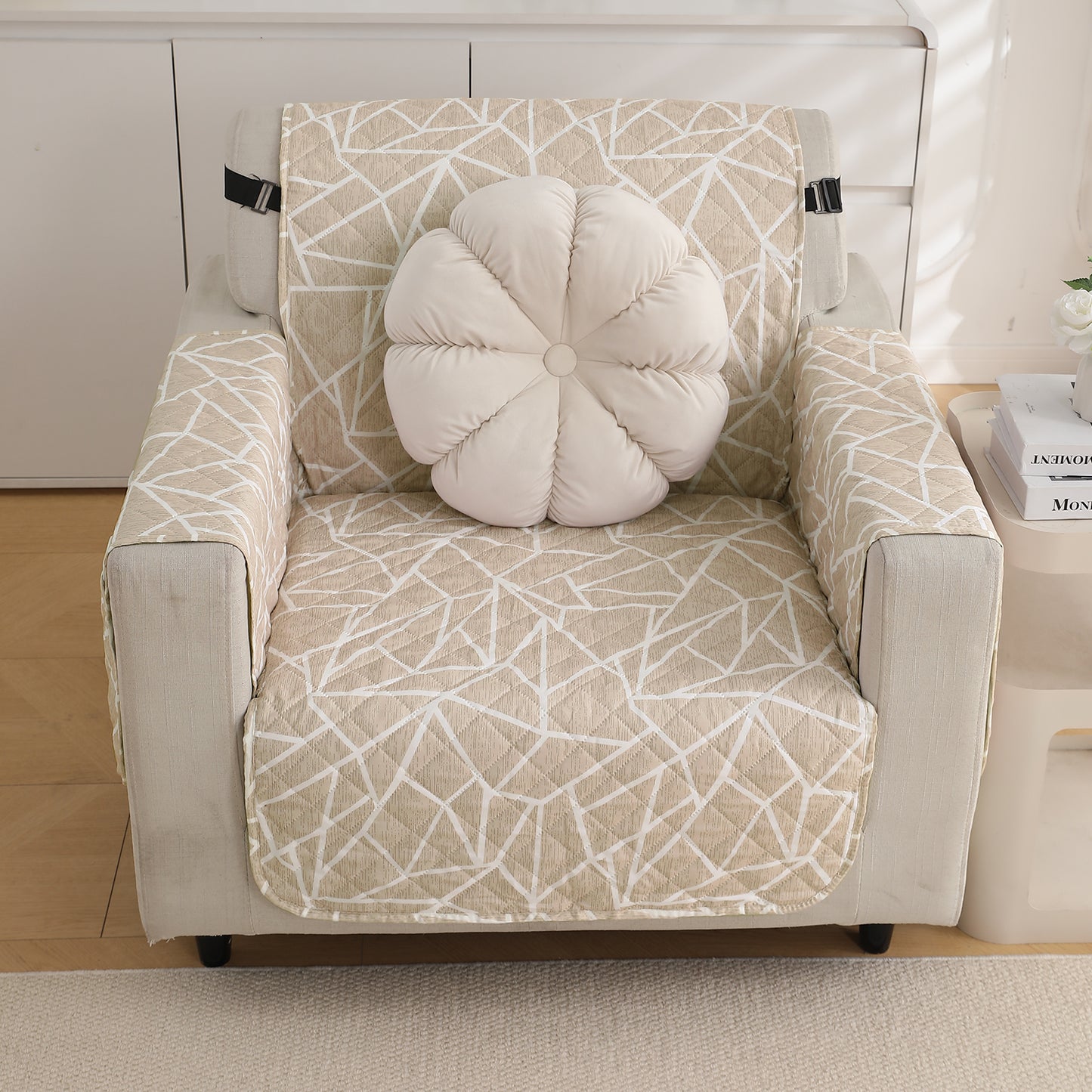 Waterproof & Quick-Dry Quilted Sofa Cover with Pockets on Armrest, Beige Abstract Geometry