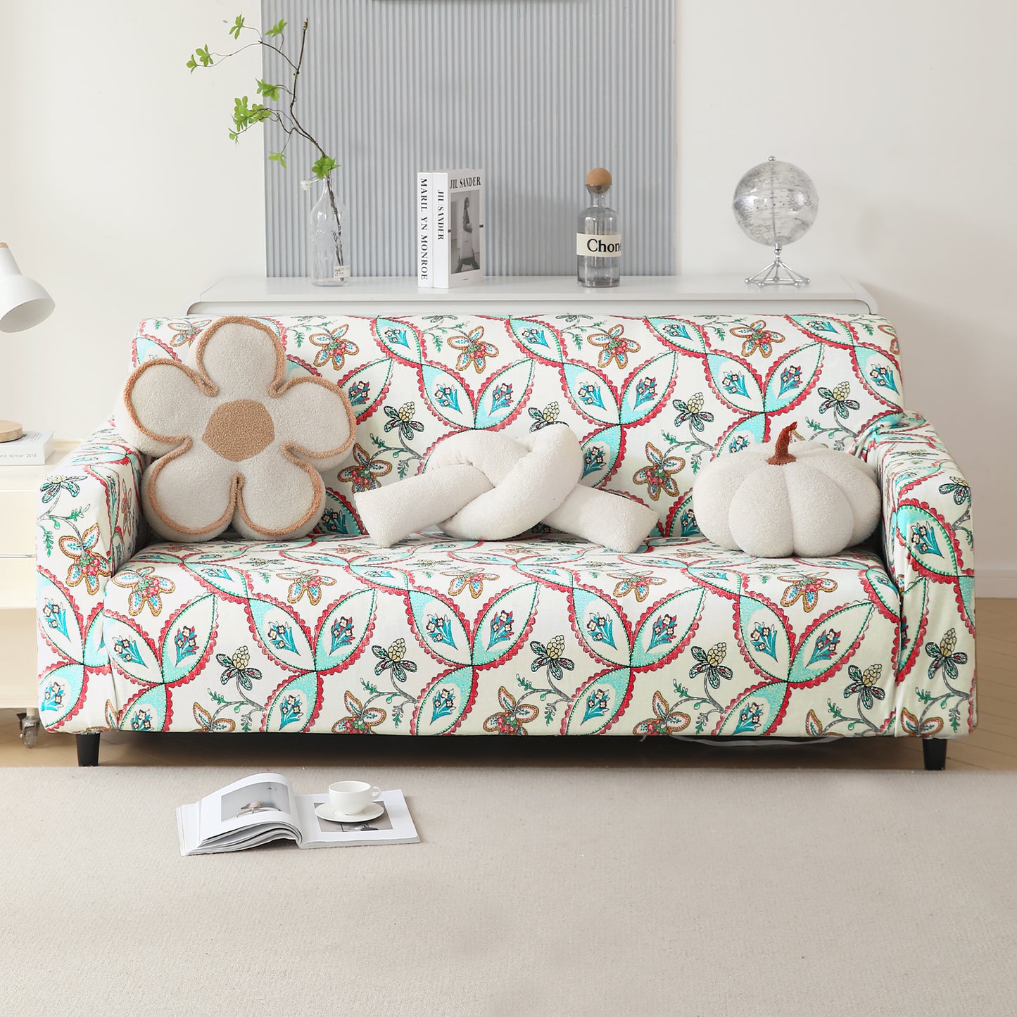 Premium Printed Velvet Sofa Cover 1/2/3 Seaters Fully Covered, Beige Persian Garden
