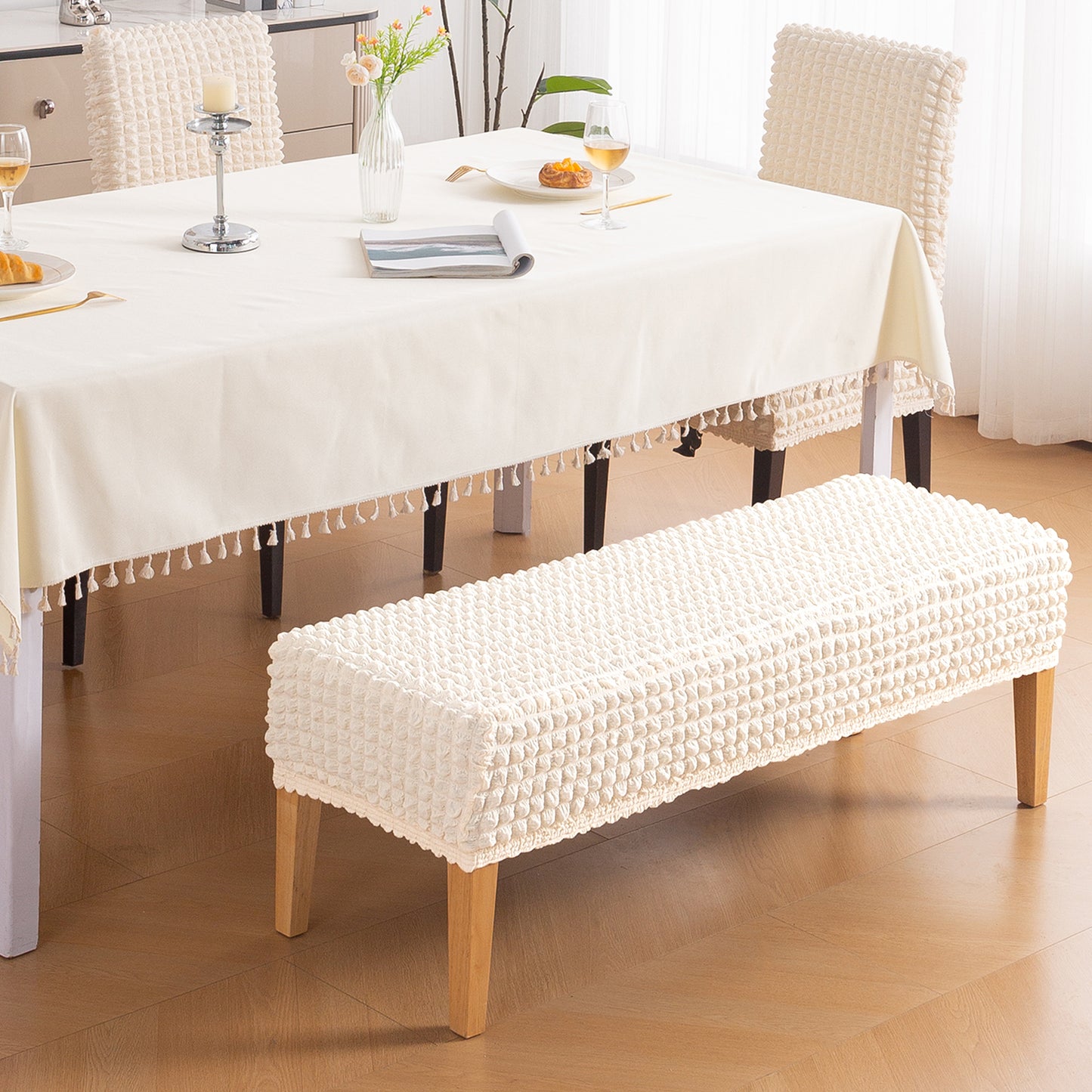 Aria Nova 280 GSM Stretchable Bubble Dining Bench Cover, Light Cream