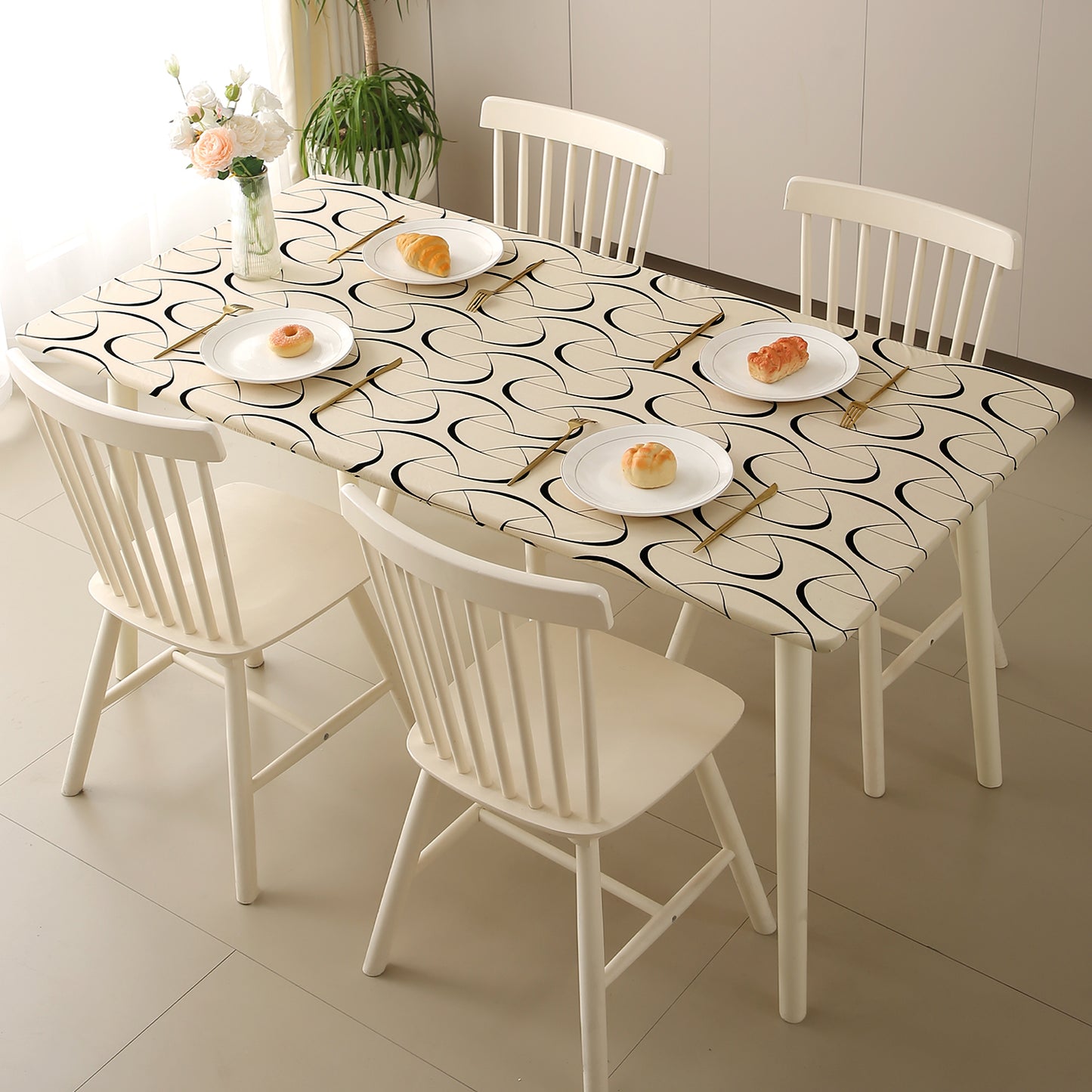 Printed Stretch Fit Water-Repellent & Anti-Slip Table Cloth Cover for 4 Seater / 6 Seater, Natural Beige Abstract Art