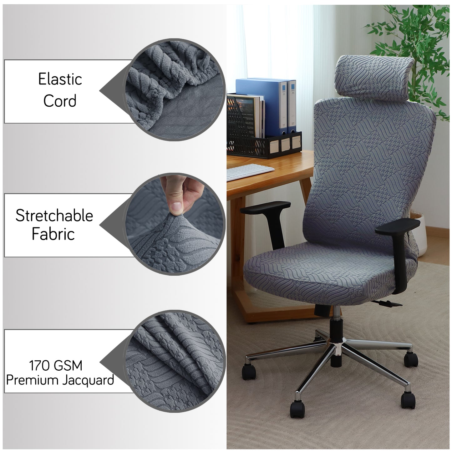 Office Chair Cover with Headrest (High-Back) – 170 GSM Stretch Jacquard – Washable, Anti-Slip Fit for Ergonomic Mesh Office Chairs, Dark Grey
