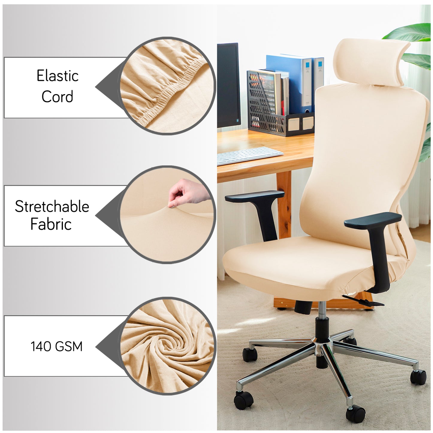 Office Chair Cover with Headrest (High-Back) – 140 GSM Stretch Fabric – Washable, Anti-Slip Fit for Ergonomic Mesh Office Chairs, Beige