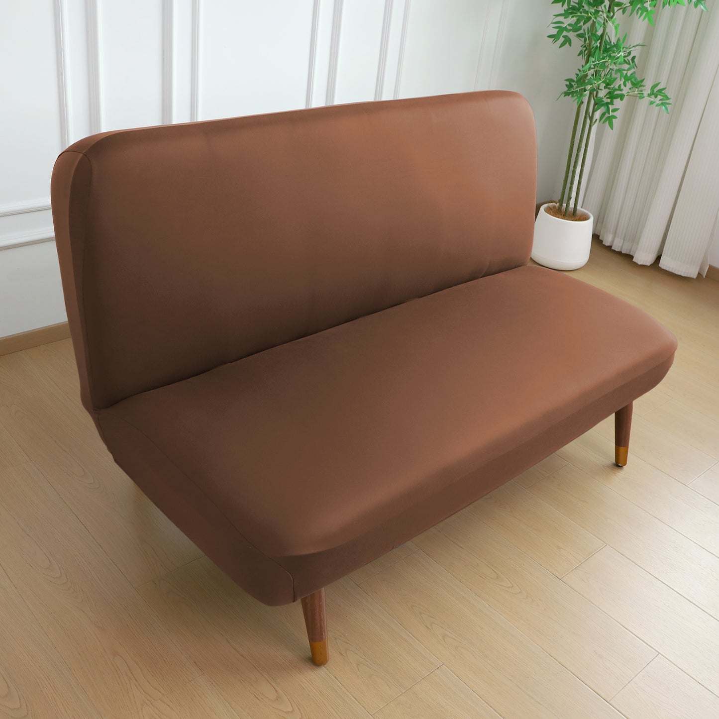 SereneSolids Stretchable Elastic Armless Sofa Cover – 140 GSM, Futon Slipcover, Easy Fit, Brown