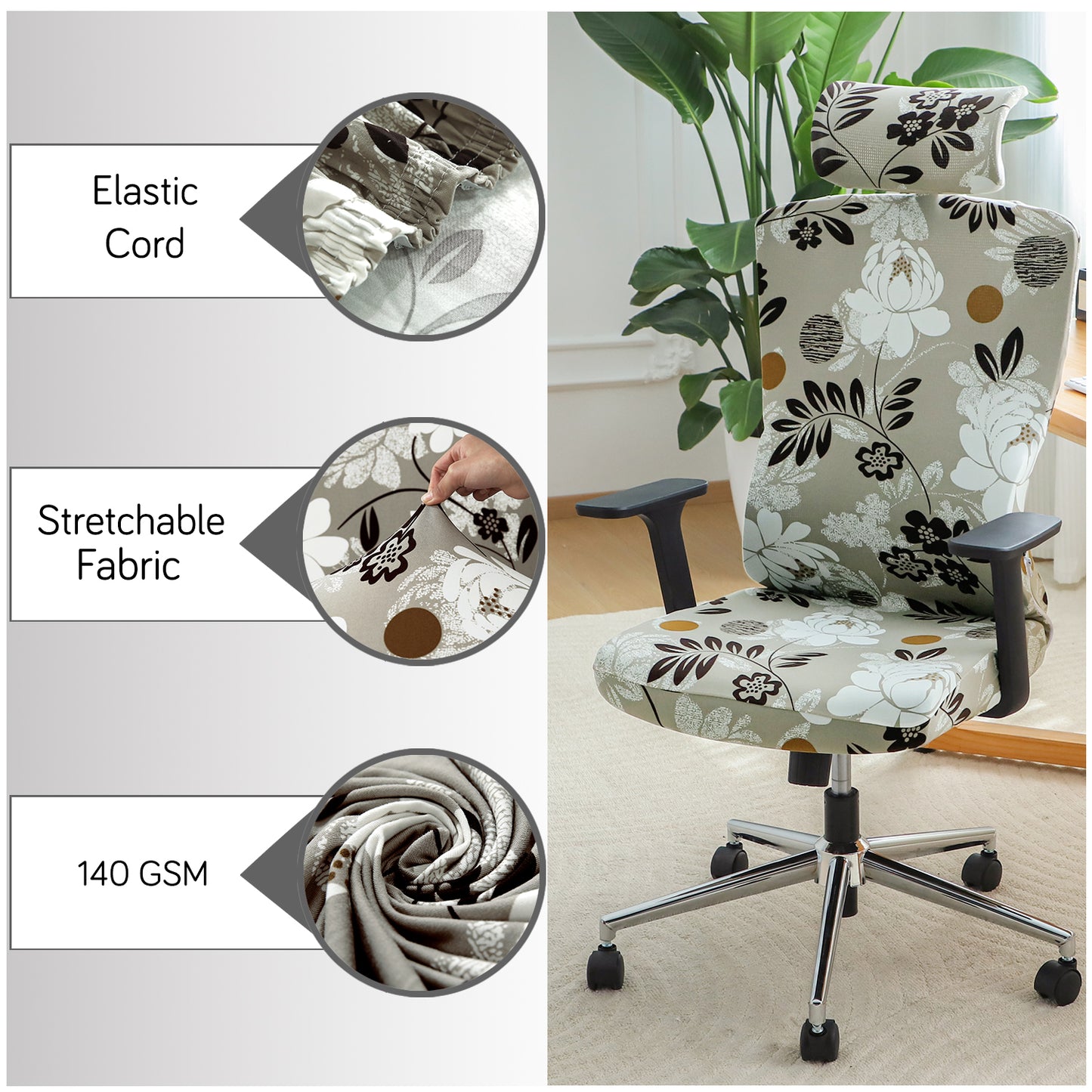 Printed Office Chair Cover with Headrest (High-Back) – 140 GSM Stretch Fabric – Washable, Anti-Slip Fit for Ergonomic Mesh Office Chairs, Feather Brown Floral