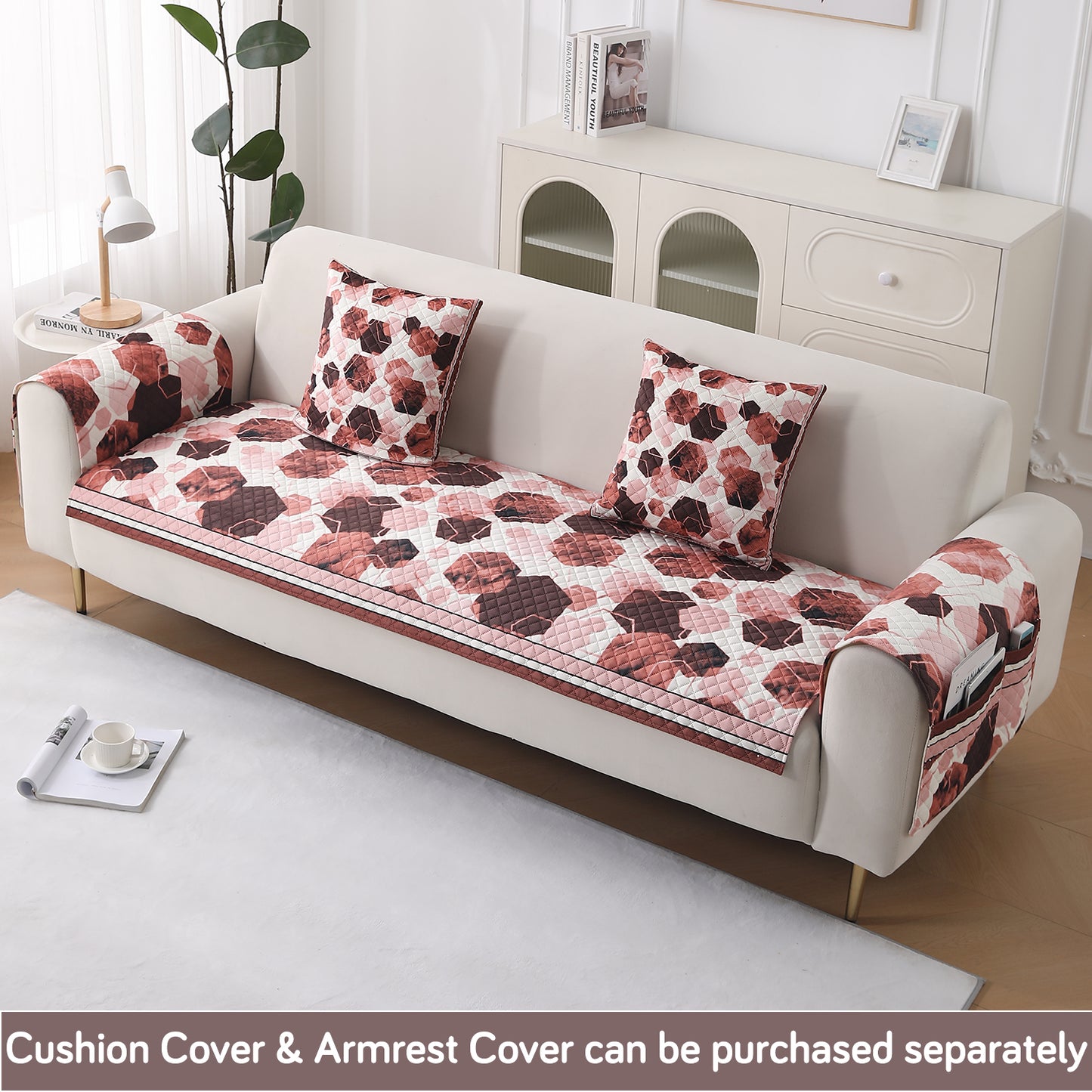 LiefNest Holland Velvet Sofa Cover Mat with Foam Filling - Geometric Hexagon Cider