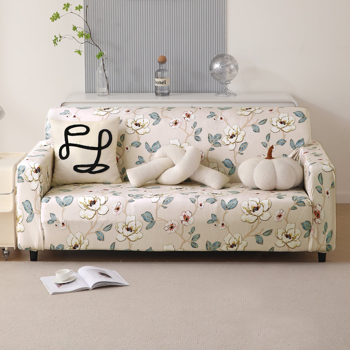 Premium Printed Velvet Sofa Cover 1/2/3 Seaters Fully Covered, Buttercream Magnolia Whisper