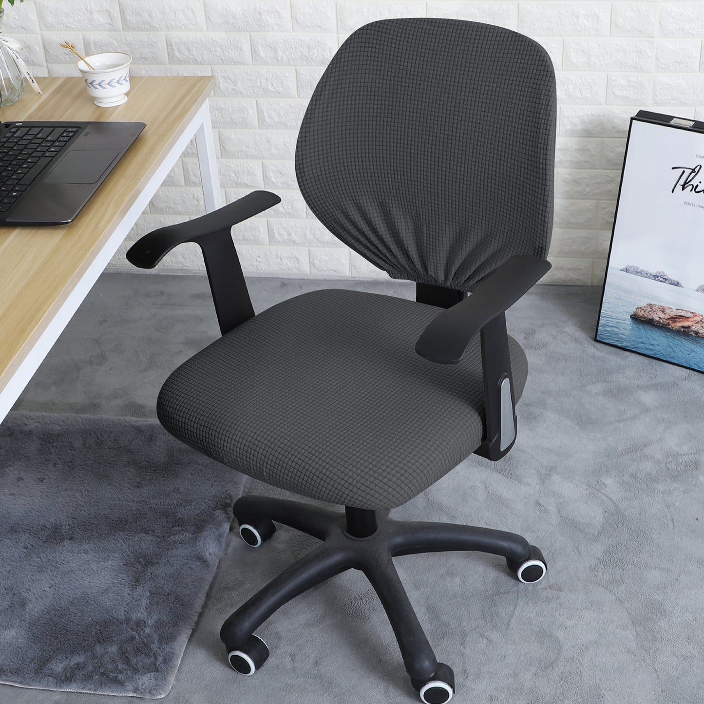 Water Repellent Office Chair Cover for Task Chair – 210 GSM Stretchable Jacquard – Washable & Anti-Slip – Fits Small Office Chairs Without Headrest, Dark Grey