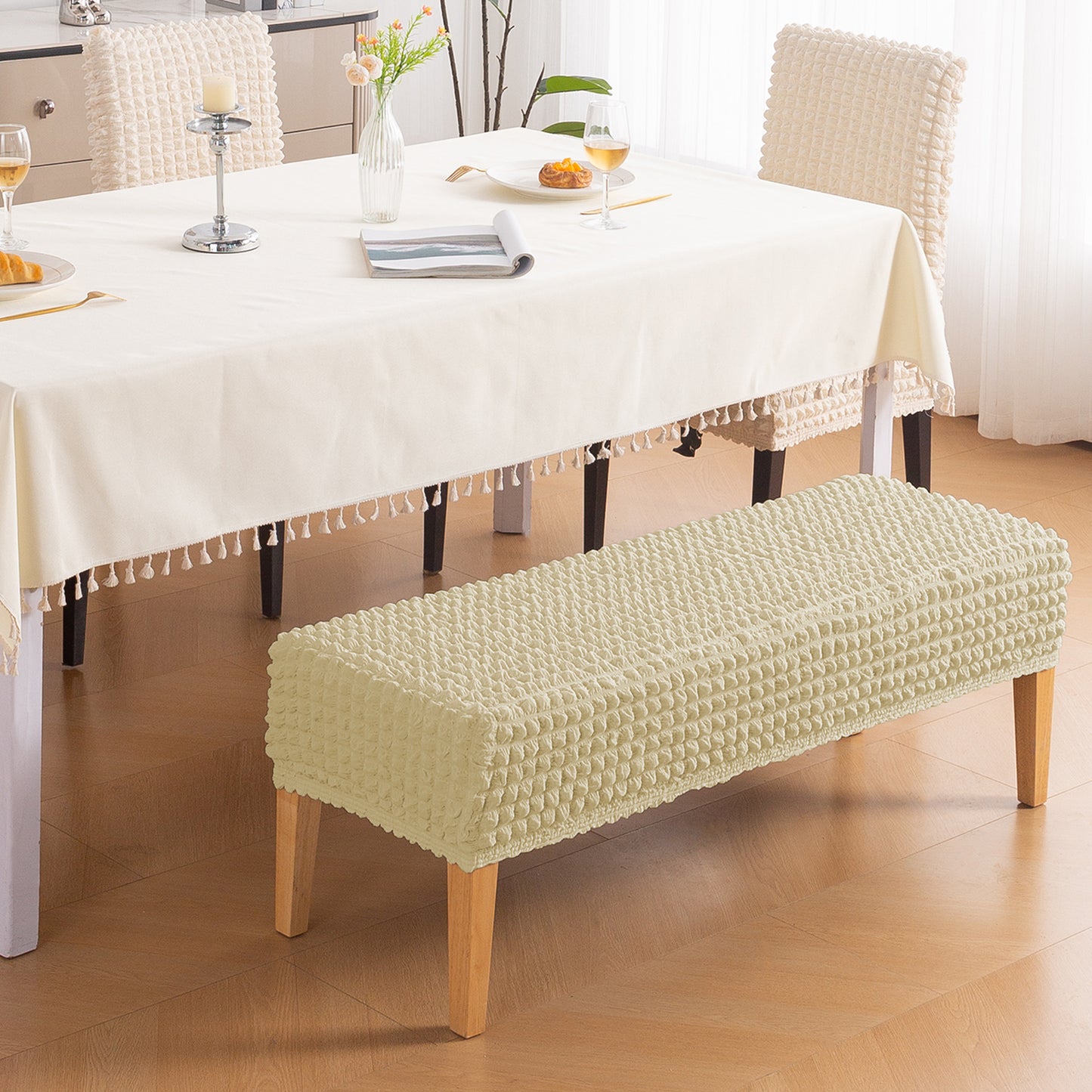 Aria Nova 280 GSM Stretchable Bubble Dining Bench Cover, Beige