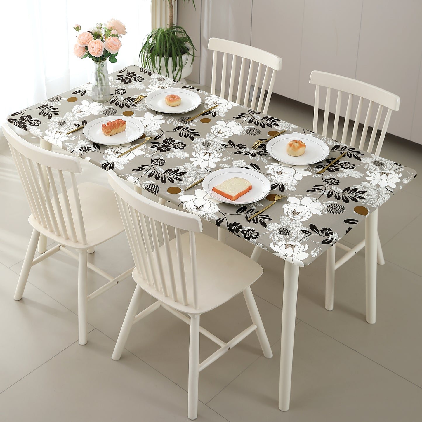 Printed Stretch Fit Water-Repellent & Anti-Slip Table Cloth Cover for 4 Seater / 6 Seater, Feather Brown Floral