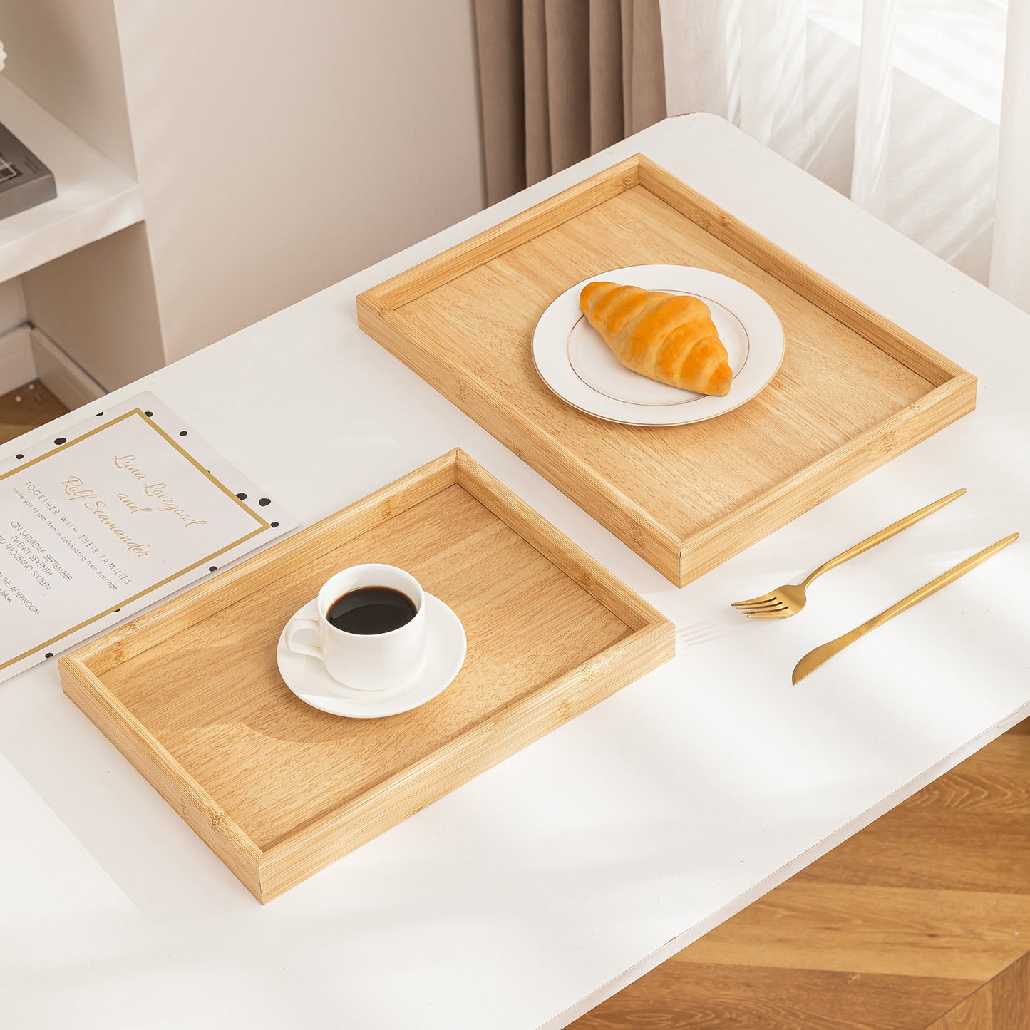 Wooden Serving Tray MDF Rectangular Eco-Friendly Trays Set of 3 – Natural Finish