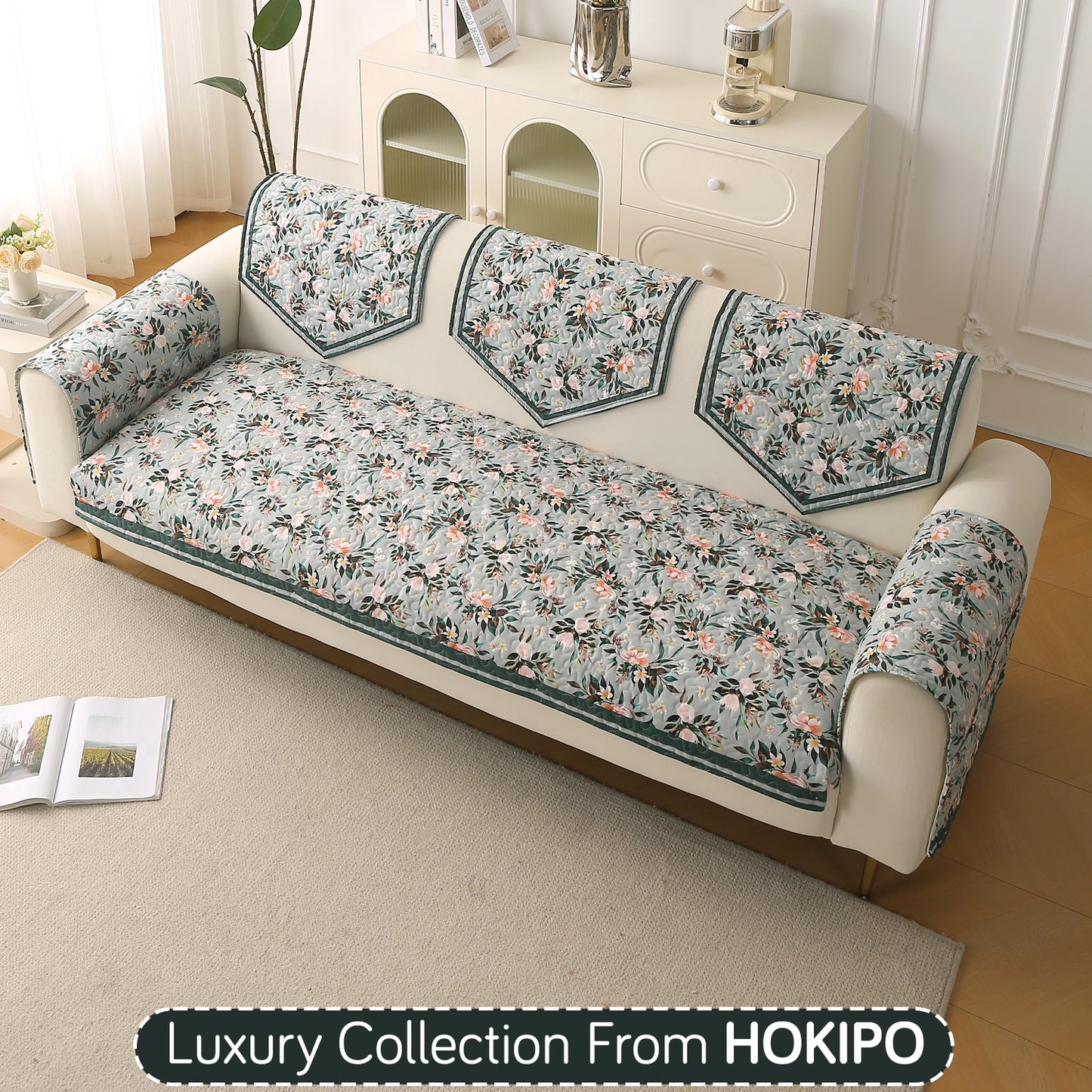 Florentina Series Printed Holland Velvet Sofa Mat - Magnolia Green