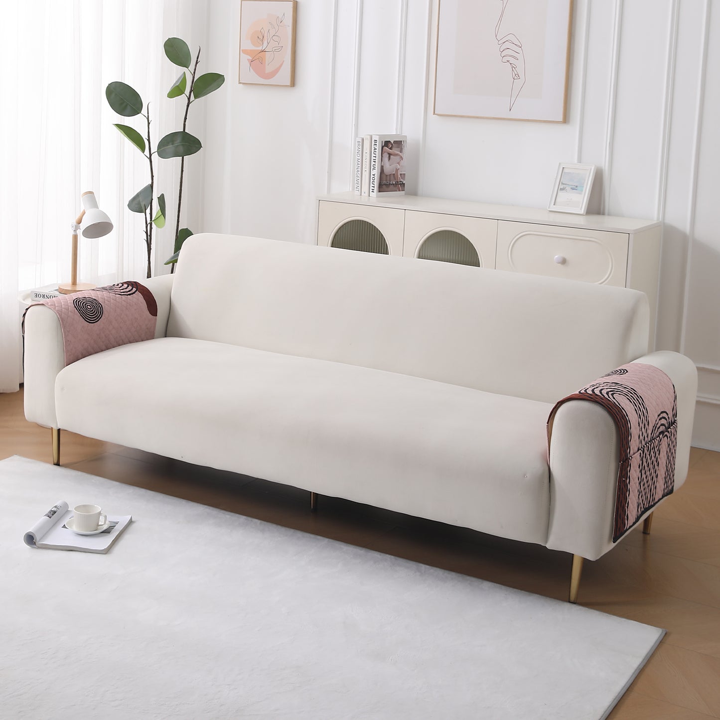 LiefNest Holland Velvet Sofa Cover Mat with Foam Filling - Modern Archscape Mauve Blush
