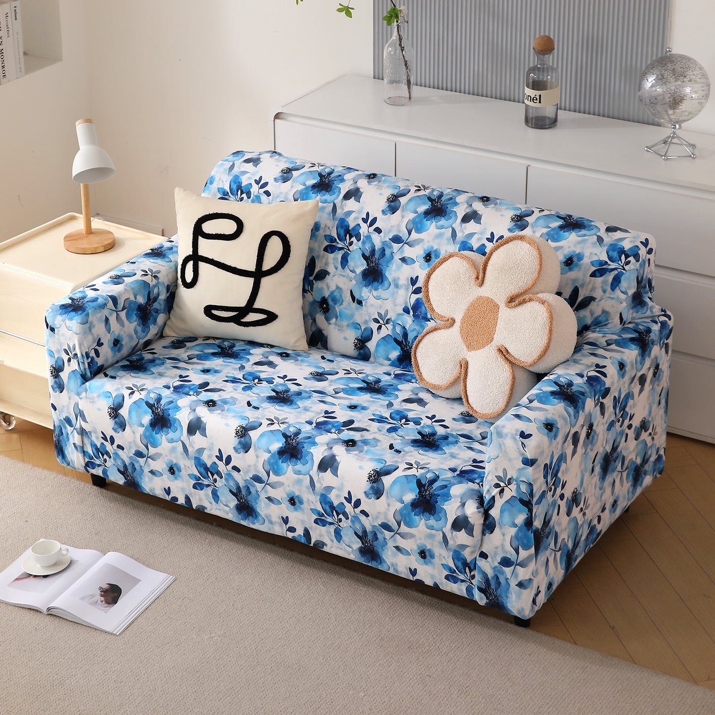 Premium Printed Velvet Sofa Cover 1/2/3 Seaters Fully Covered, Blue Azure Botanical