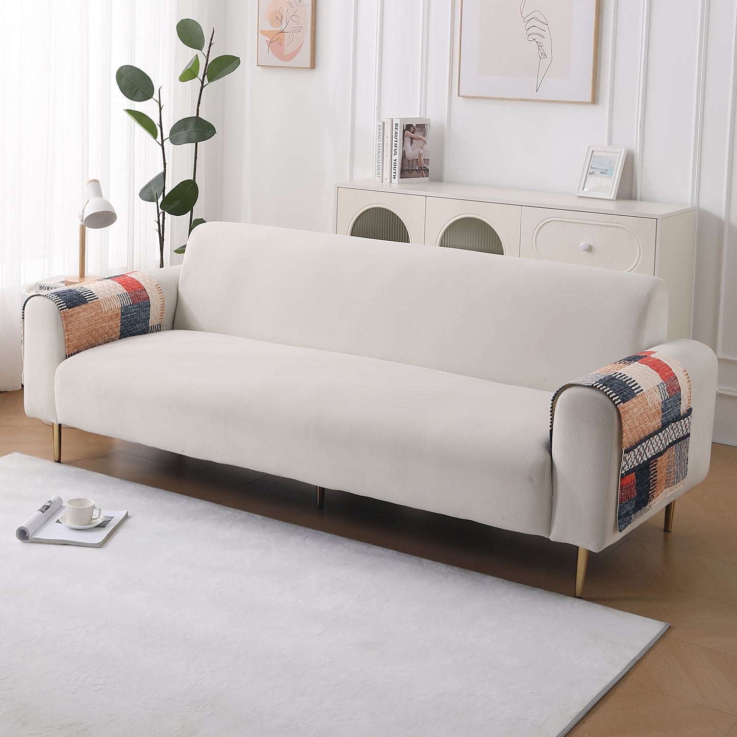 LiefNest Holland Velvet Sofa Cover Mat with Foam Filling - Urban Grid Multicolor
