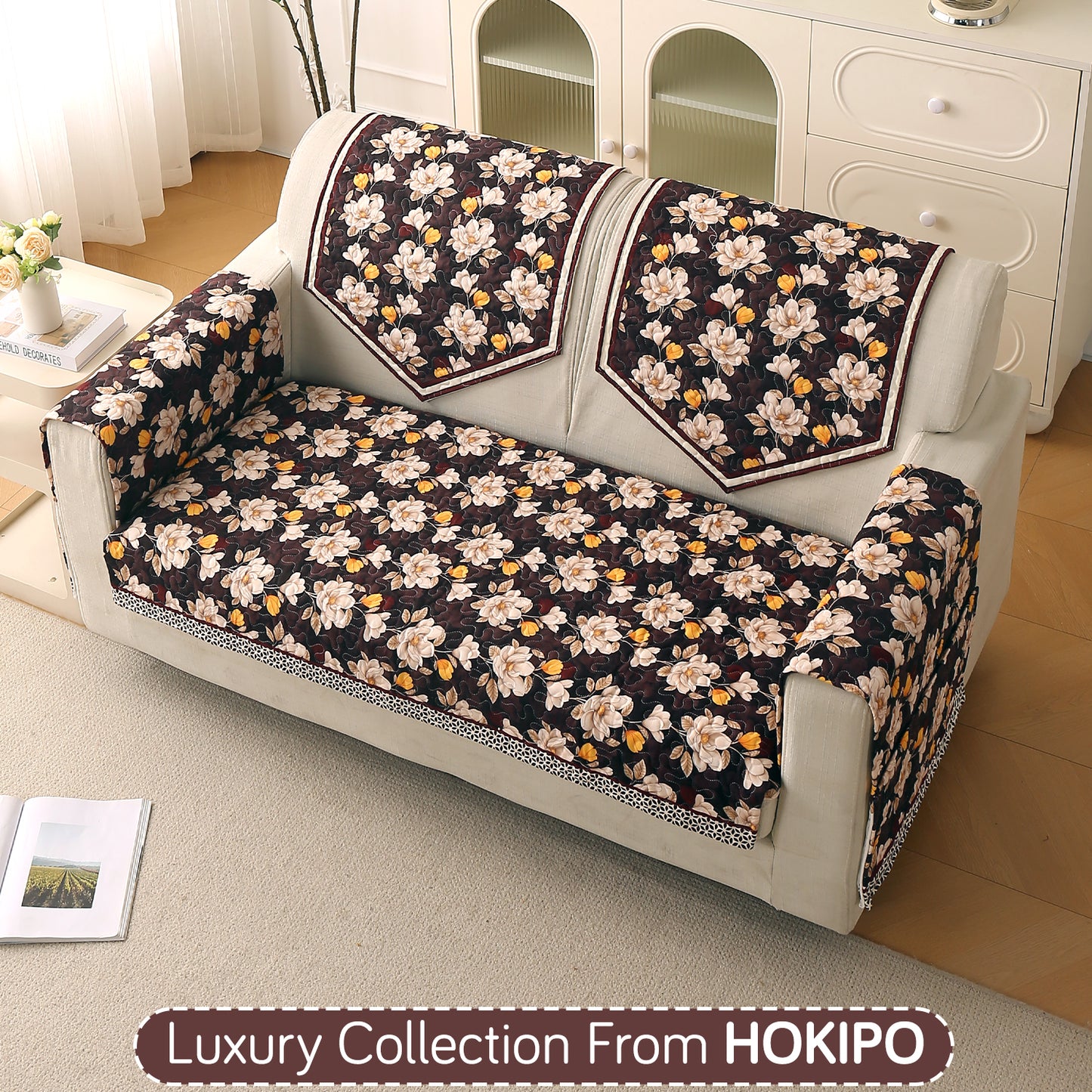 Florentina Series Printed Holland Velvet Sofa Mat - Camellia Brown