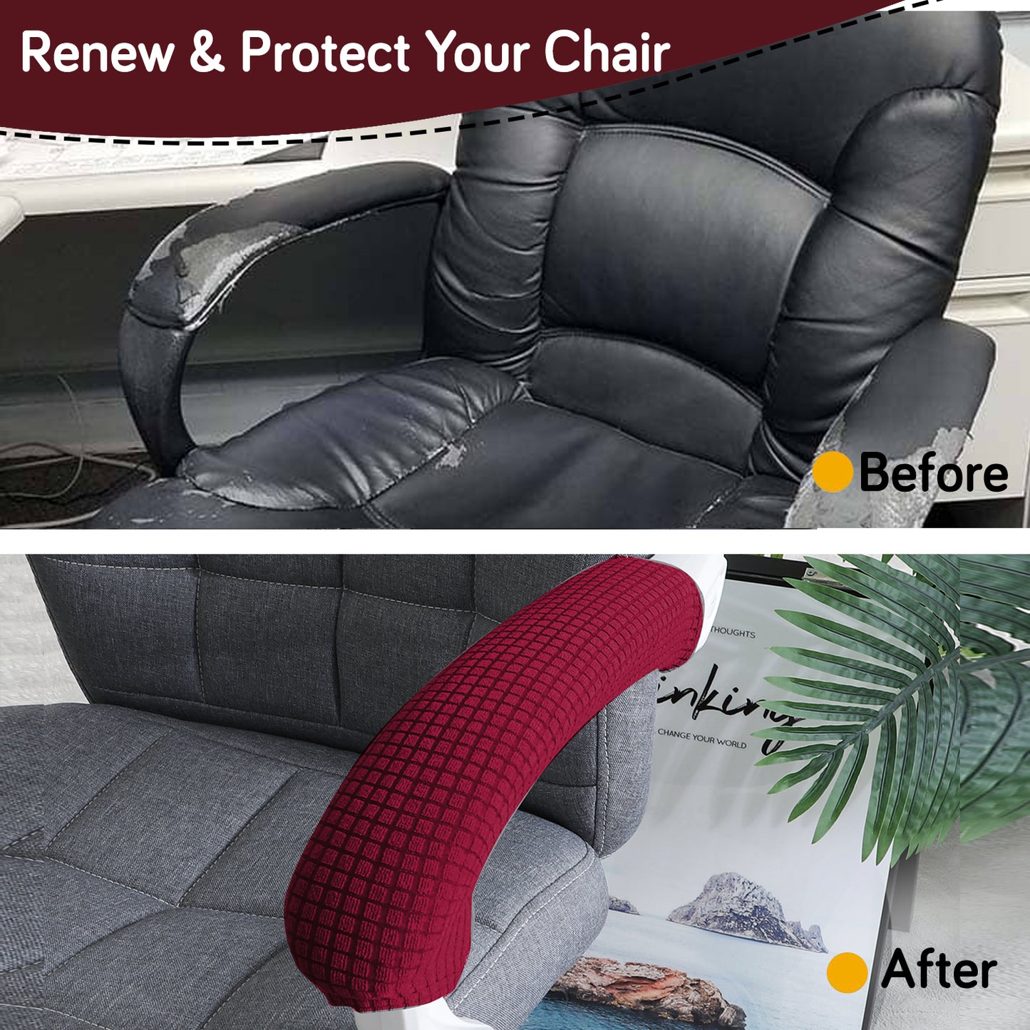 210gsm Jacquard Water Repellent Armrest Covers for Office Chair (Zipper Style), 1 Pair, Burgundy