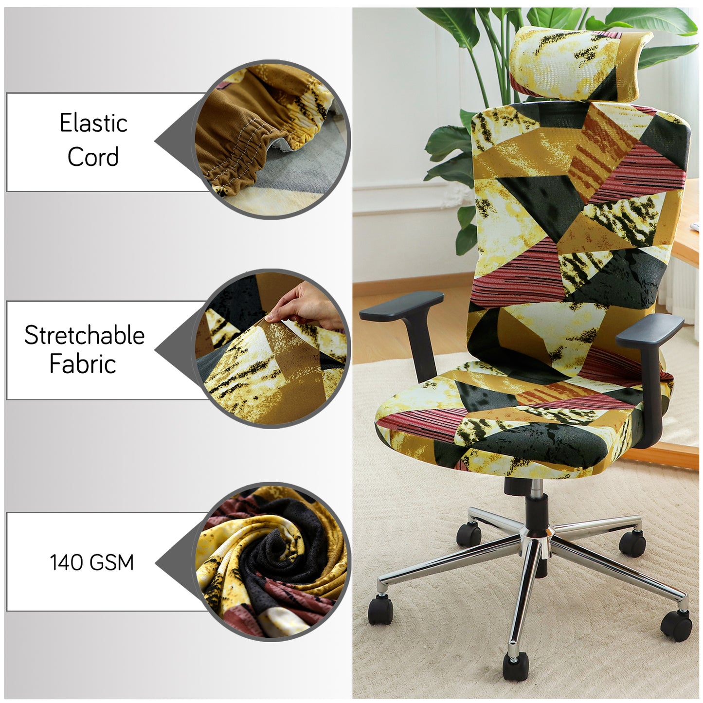 Printed Office Chair Cover with Headrest (High-Back) – 140 GSM Stretch Fabric – Washable, Anti-Slip Fit for Ergonomic Mesh Office Chairs, Wine Abstract Geometry