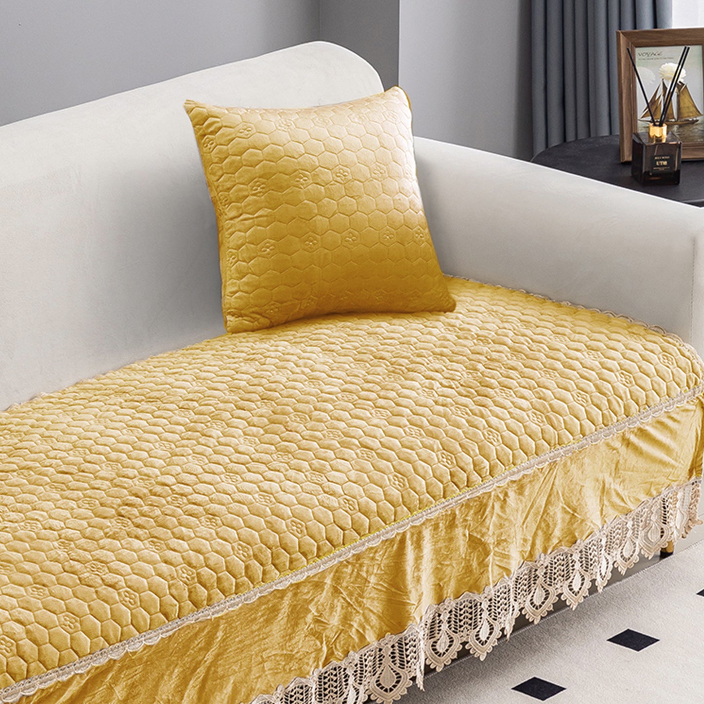 Premium Dutch Velvet Sofa Seat Mat for 1/2/3 Seater Sofa, Mustard