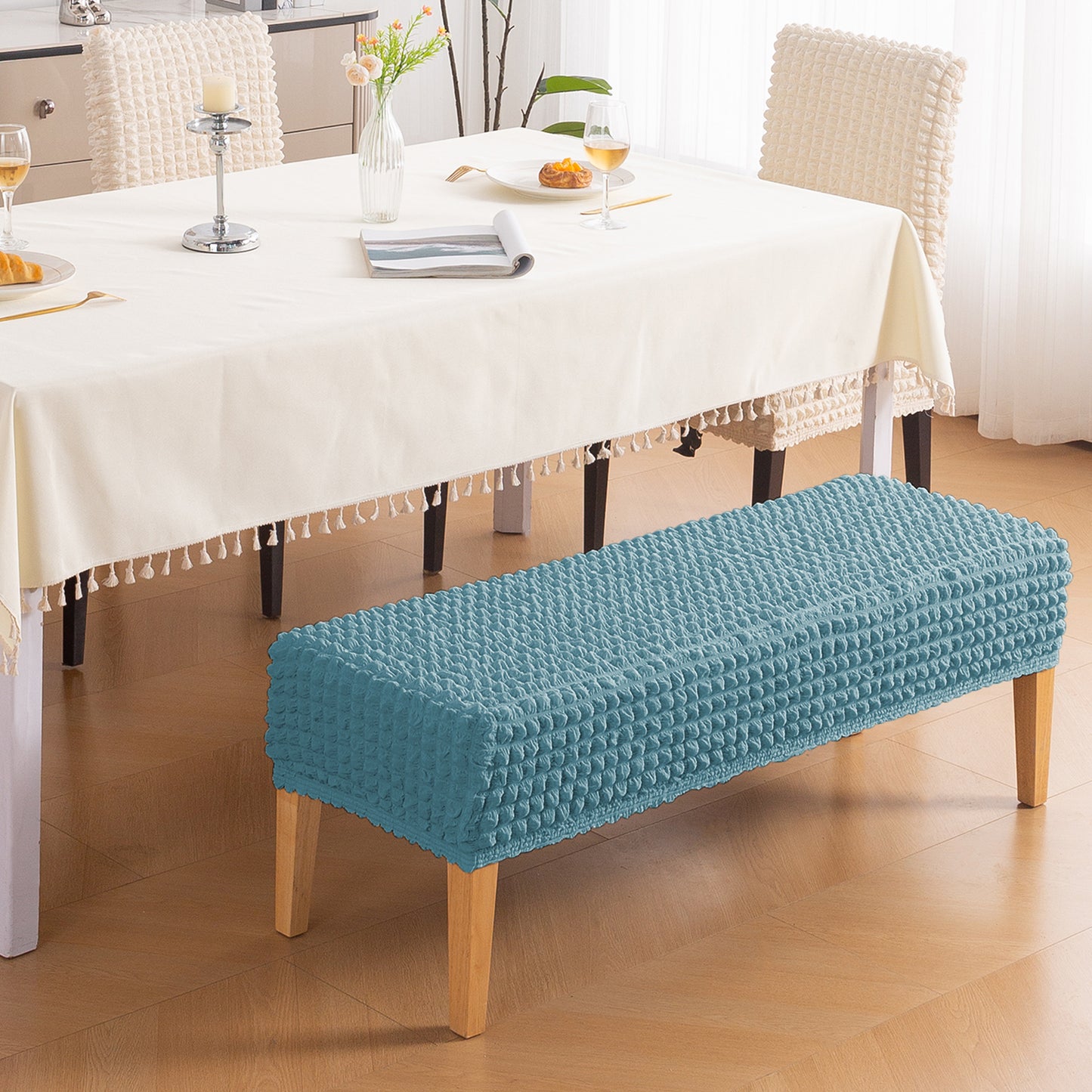 Aria Nova 280 GSM Stretchable Bubble Dining Bench Cover, Tropical Teal