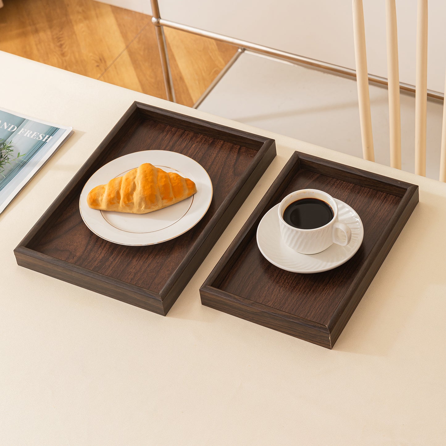 Wooden Serving Tray MDF Rectangular Eco-Friendly Trays Set of 3, Dark Walnut Finish