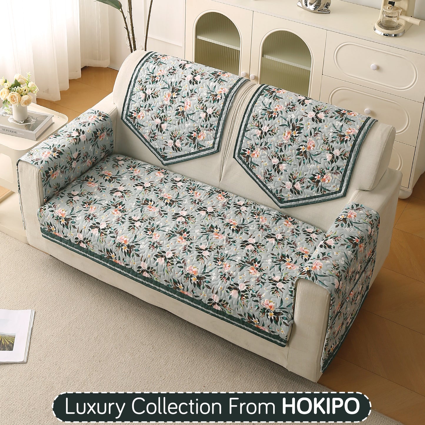 Florentina Series Printed Holland Velvet Sofa Mat - Magnolia Green