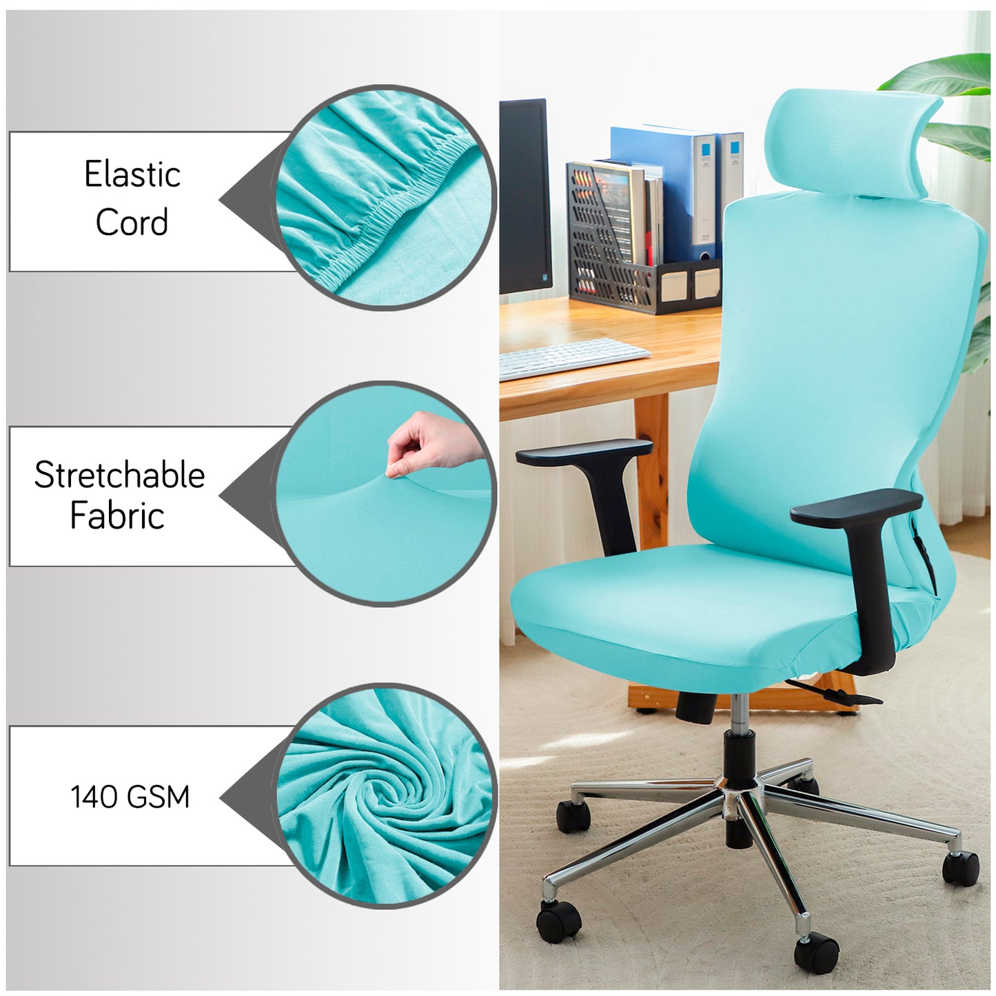 Office Chair Cover with Headrest (High-Back) – 140 GSM Stretch Fabric – Washable, Anti-Slip Fit for Ergonomic Mesh Office Chairs, Sky Blue
