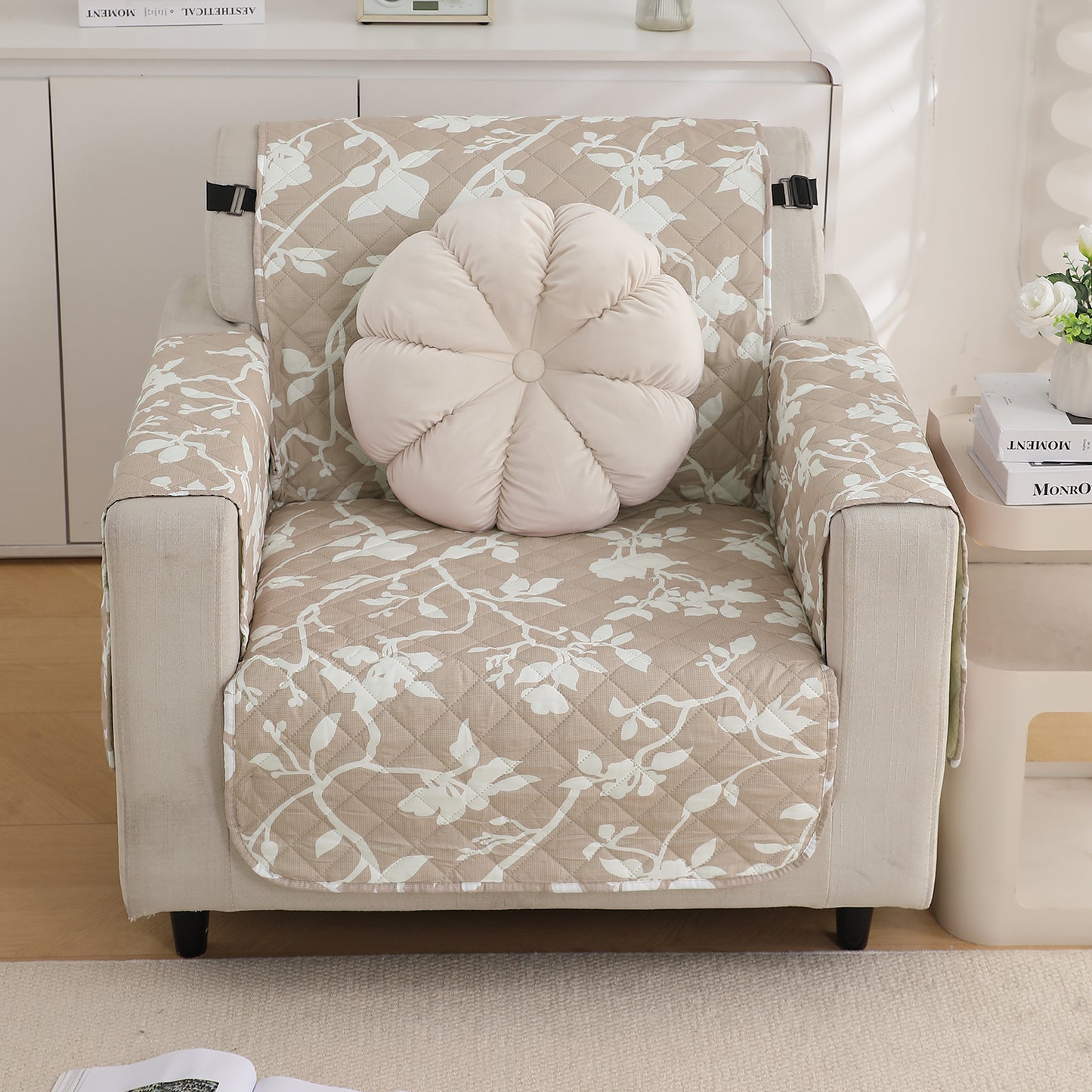 Waterproof & Quick-Dry Quilted Sofa Cover with Pockets on Armrest, Buff Brown Sillehoute Floral
