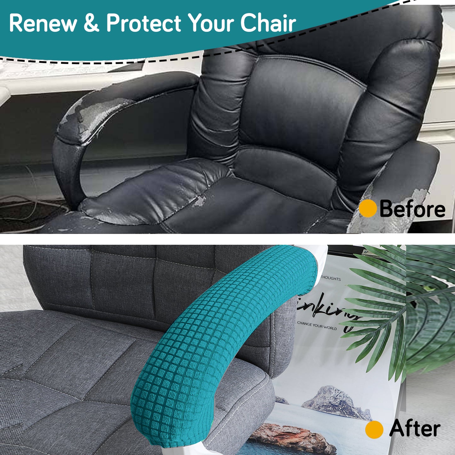 210gsm Jacquard Water Repellent Armrest Covers for Office Chair (Zipper Style), 1 Pair, Teal