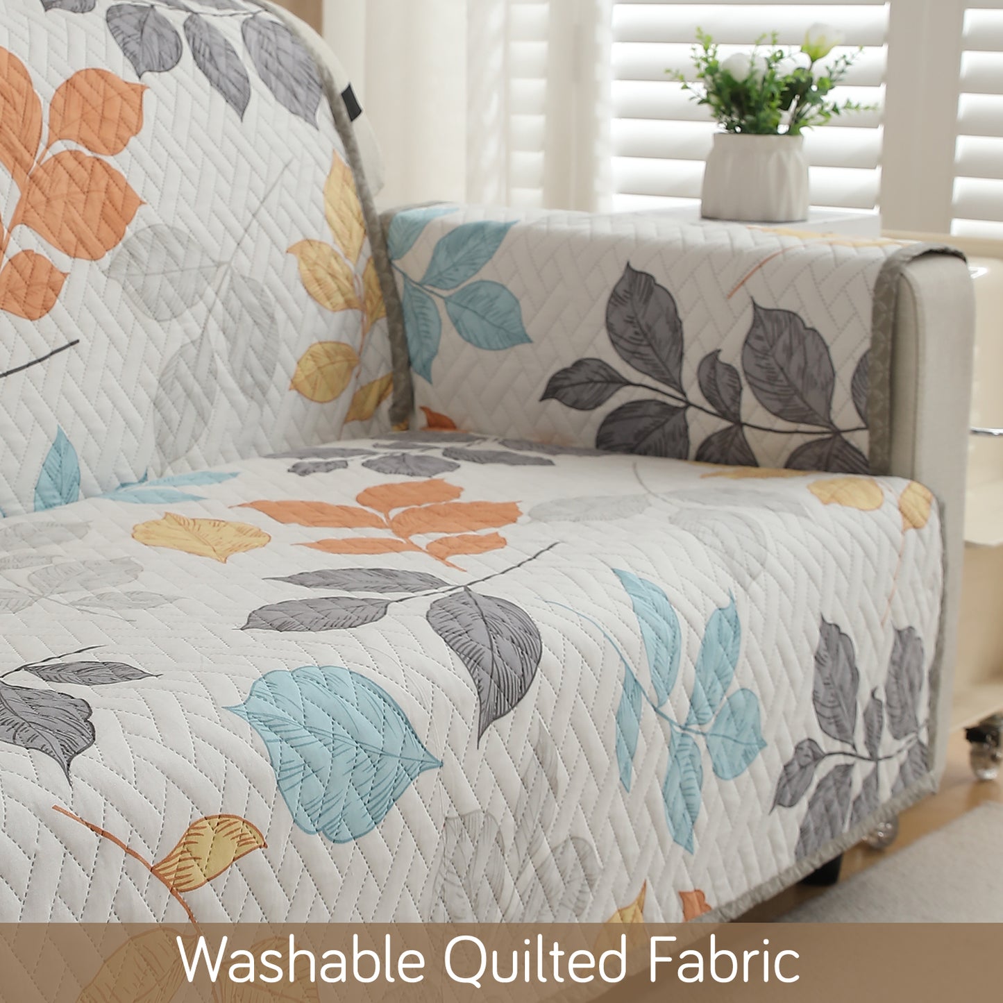 Quilted Sofa Cover with Pockets, Multicolor Leaves