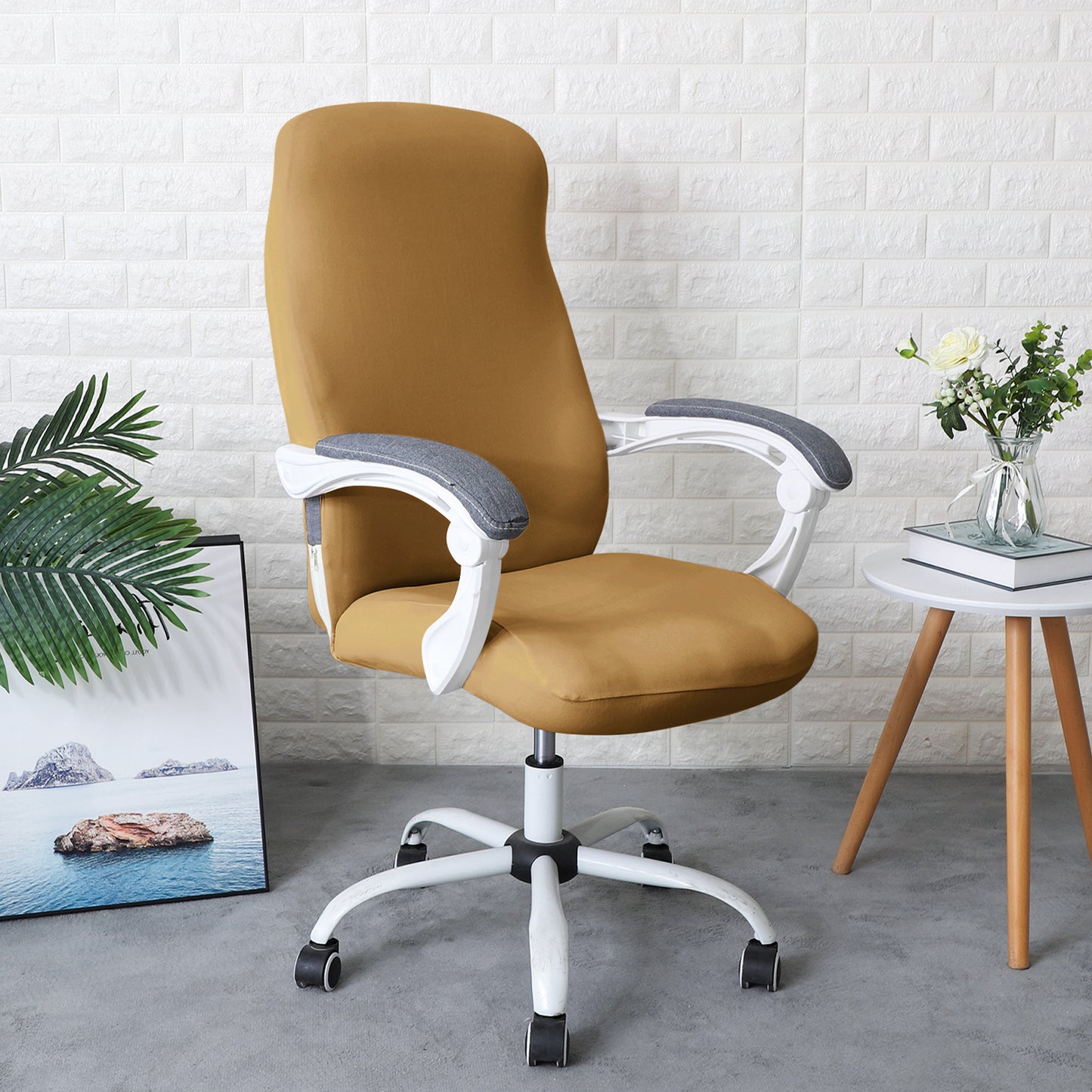 Office Chair Cover for Desk Chair (Mid-Back) – 140 GSM Stretch Fabric – Washable, Durable & Anti-Slip – Fits Mid-Back Office Chairs, Camel