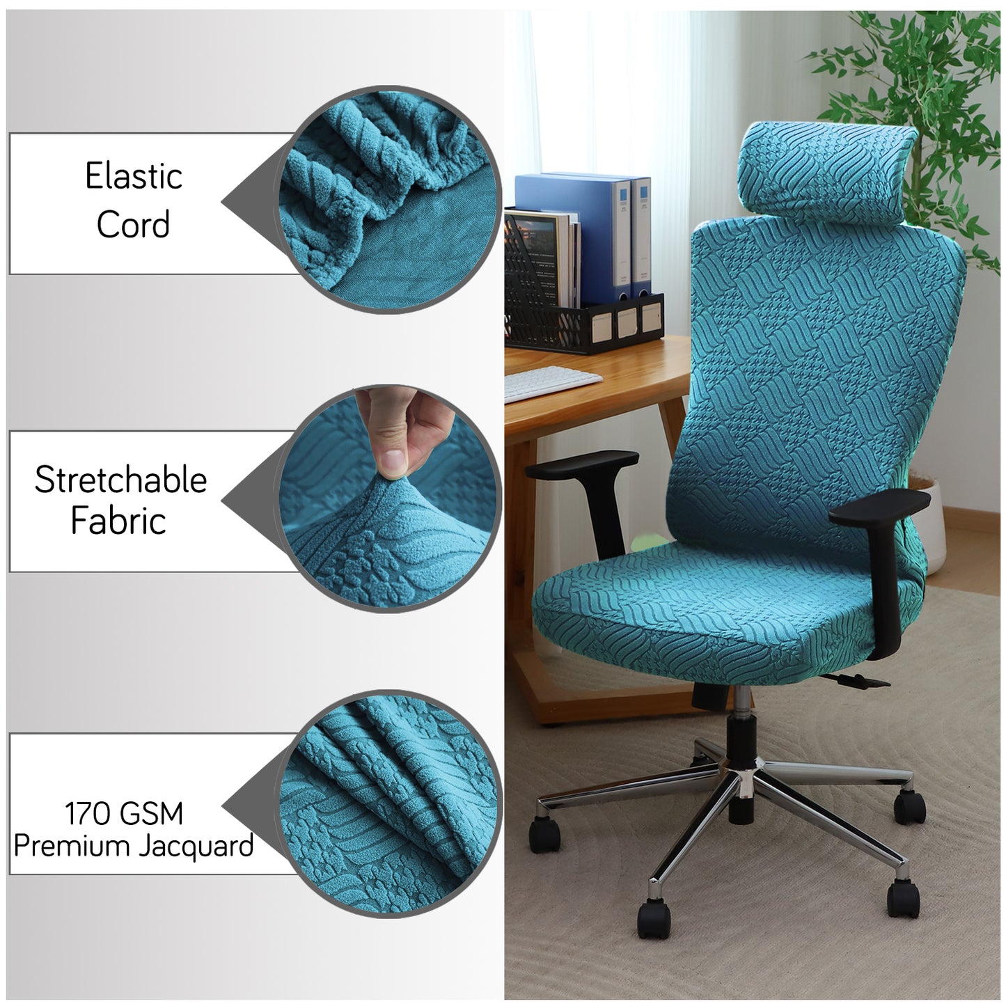 Office Chair Cover with Headrest (High-Back) – 170 GSM Stretch Jacquard – Washable, Anti-Slip Fit for Ergonomic Mesh Office Chairs, Turquoise
