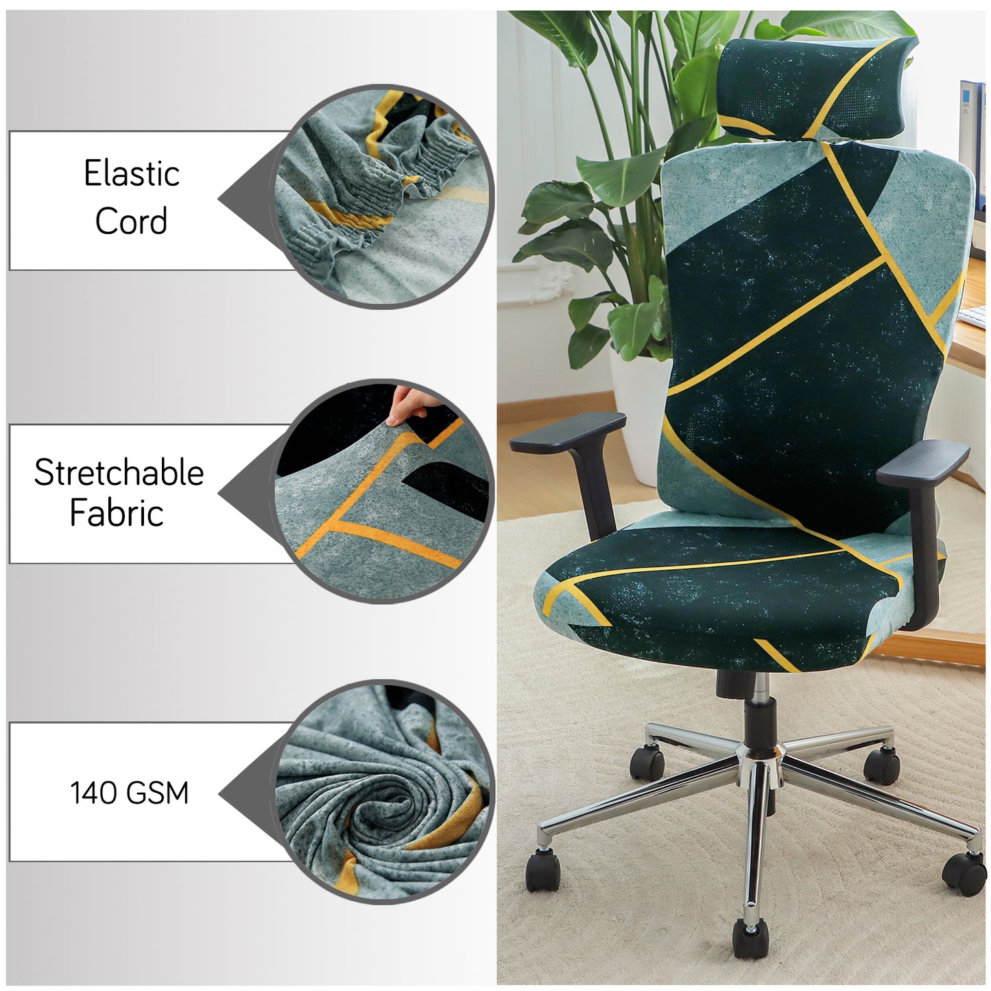 Printed Office Chair Cover with Headrest (High-Back) – 140 GSM Stretch Fabric – Washable, Anti-Slip Fit for Ergonomic Mesh Office Chairs, Multicolor Abstract Geometry