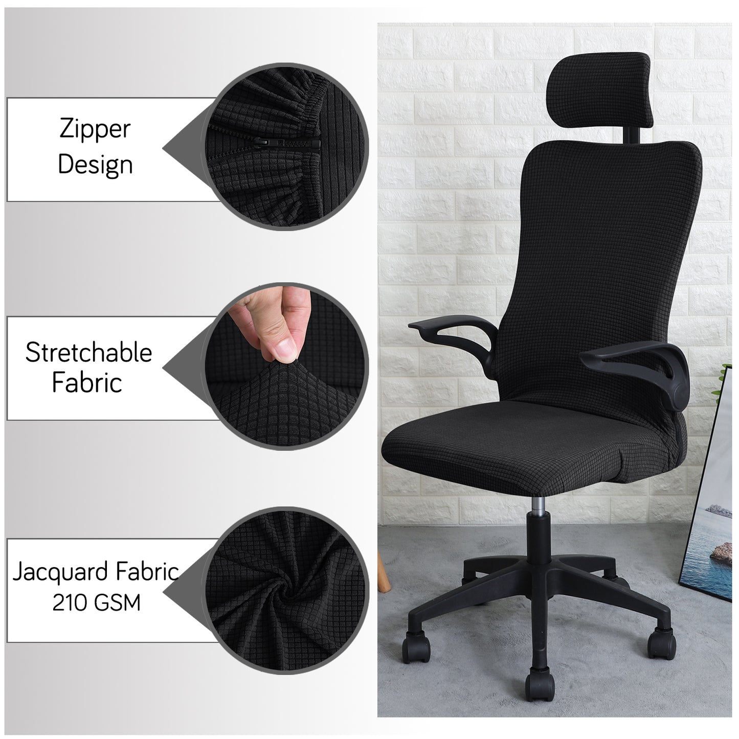 Water Repellent Office Chair Cover with Headrest (High-Back) – 210 GSM Stretch Jacquard – Washable, Anti-Slip Fit for Ergonomic Mesh Office Chairs, Black