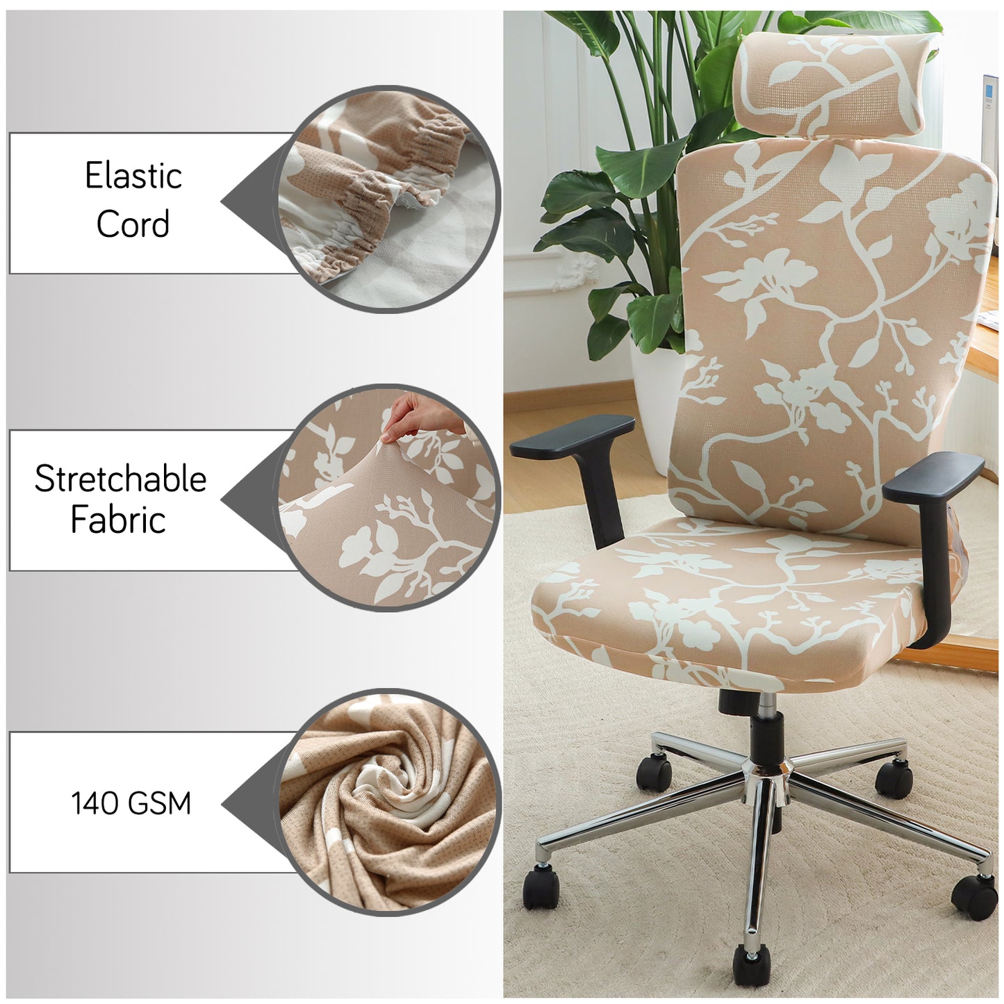 Printed Office Chair Cover with Headrest (High-Back) – 140 GSM Stretch Fabric – Washable, Anti-Slip Fit for Ergonomic Mesh Office Chairs,Buff Brown Sillehoute Floral