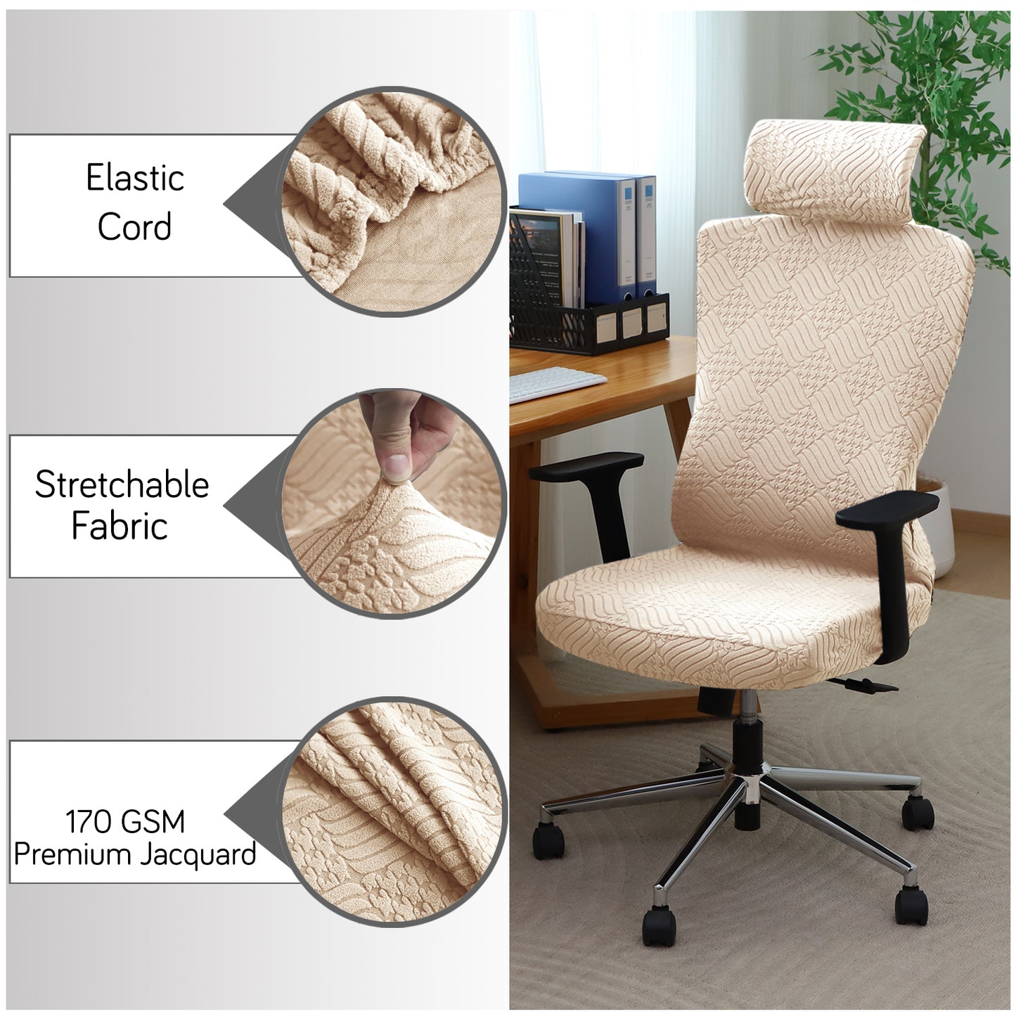 Office Chair Cover with Headrest (High-Back) – 170 GSM Stretch Jacquard – Washable, Anti-Slip Fit for Ergonomic Mesh Office Chairs, Beige