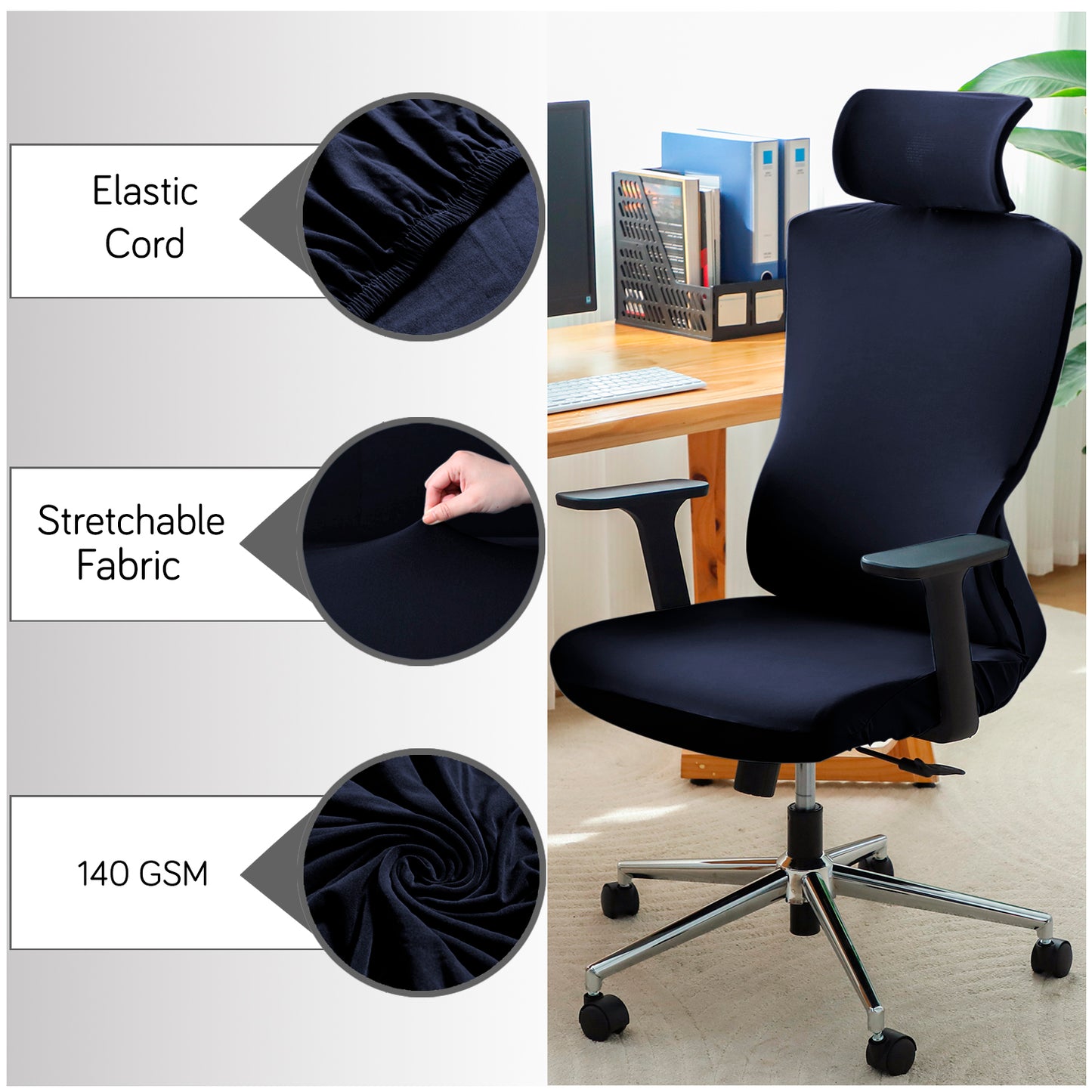 Office Chair Cover with Headrest (High-Back) – 140 GSM Stretch Fabric – Washable, Anti-Slip Fit for Ergonomic Mesh Office Chairs, Navy Blue