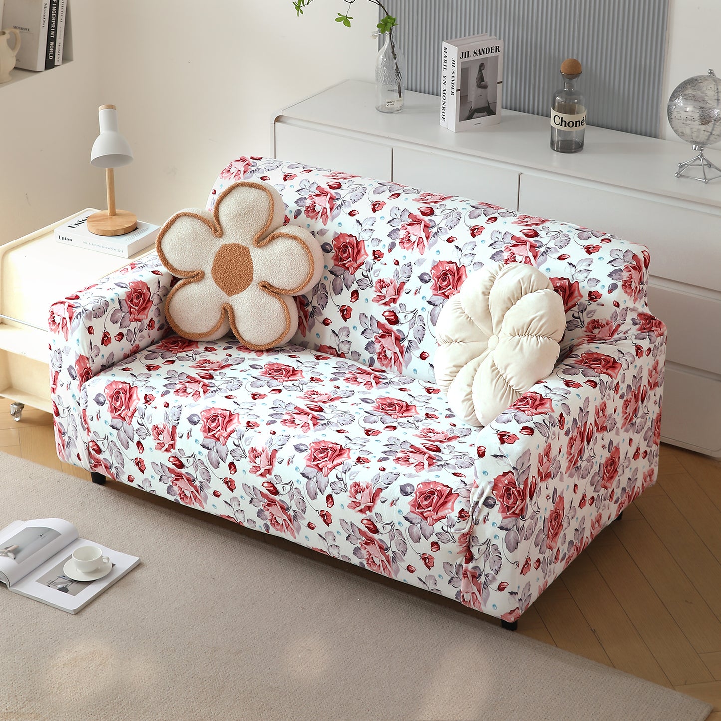 Premium Printed Velvet Sofa Cover 1/2/3 Seaters Fully Covered, Red Cottage Rose