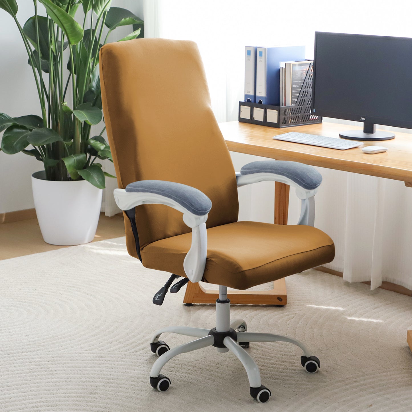 Office Chair Cover for Executive Chair (High-Back) – 140 GSM Stretchable Fabric – Washable & Anti-Slip – Fits Big & Tall Office Chairs, Camel
