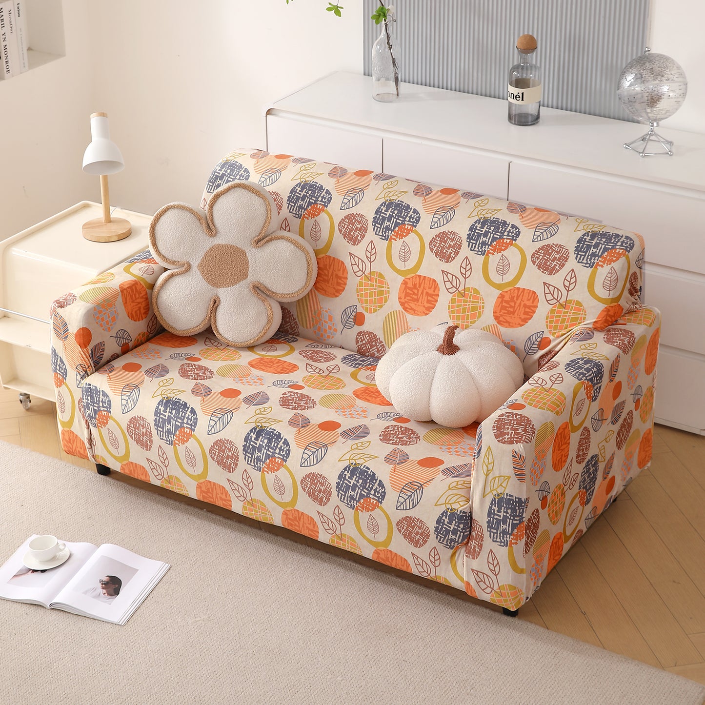 Premium Printed Velvet Sofa Cover 1/2/3 Seaters Fully Covered, Coral Autumn Leaves