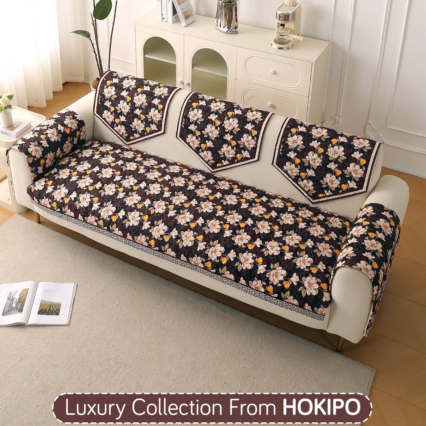 Florentina Series Printed Holland Velvet Sofa Mat - Camellia Brown